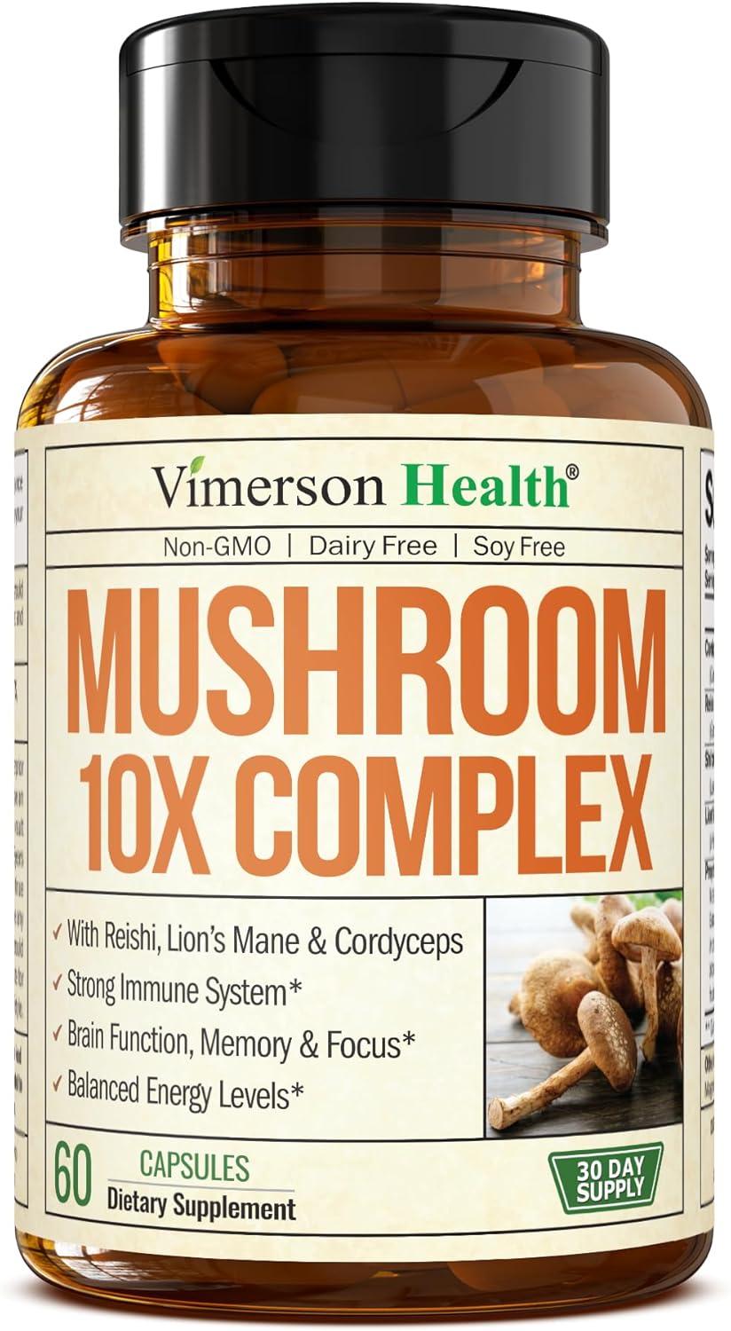 10-in-1 Mushroom Powder Supplement - Lion’s Mane Powder, Reishi Mushroom, Cordyceps, Chaga & more. Mushroom Complex Capsules for Memory, Focus, Immune Support, Energy. 60 Turkey Tail Mushroom Capsules