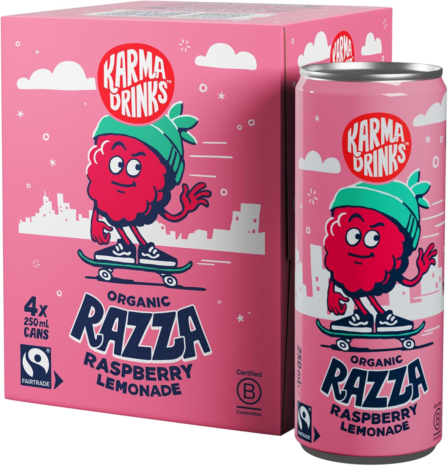 KARMA DRINKS Razza (250ml x 4 Cans Soft Drink) - Organic, Gluten Free Lemonade Cans, Natural Ingredients, FairTrade, Vegan Friendly, No GMO, Carbonated Fizzy Drinks 4 Pack