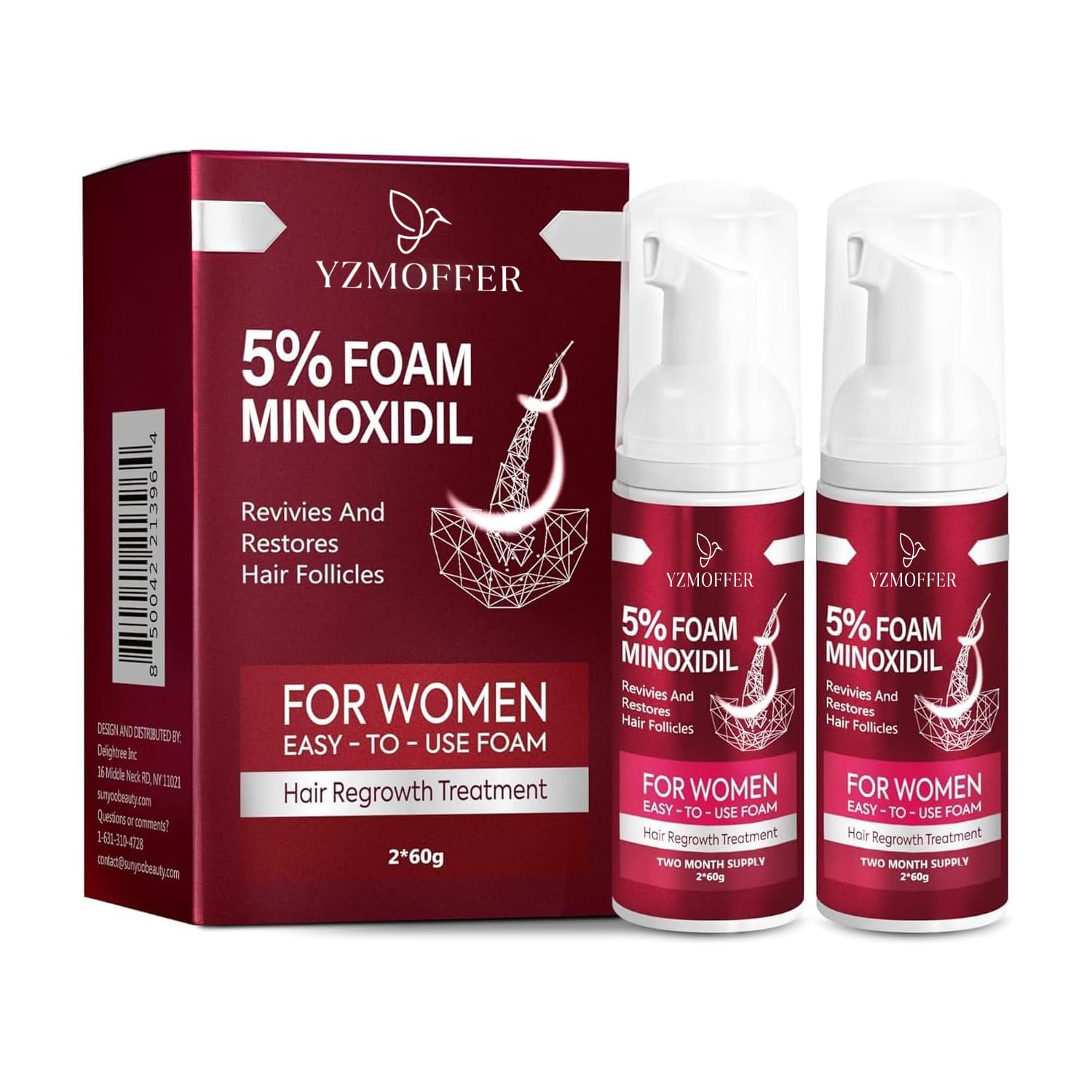 Women's 5% Minoxidil Foam: Hair Growth Treatment for Women's Thicker and Fuller Hair, 2 Pack of 2.10 oz