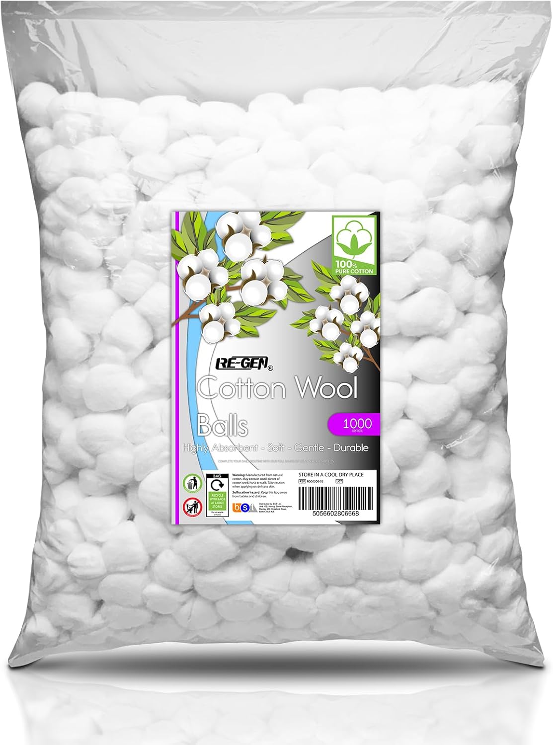 1000pc Pack, RE-GEN 100% Natural Cotton Wool Balls Healthcare Dressing Cleaning Cotton Wool Pads | Ideal for First Aid, Health & Beauty, Personal Care, Cosmetics