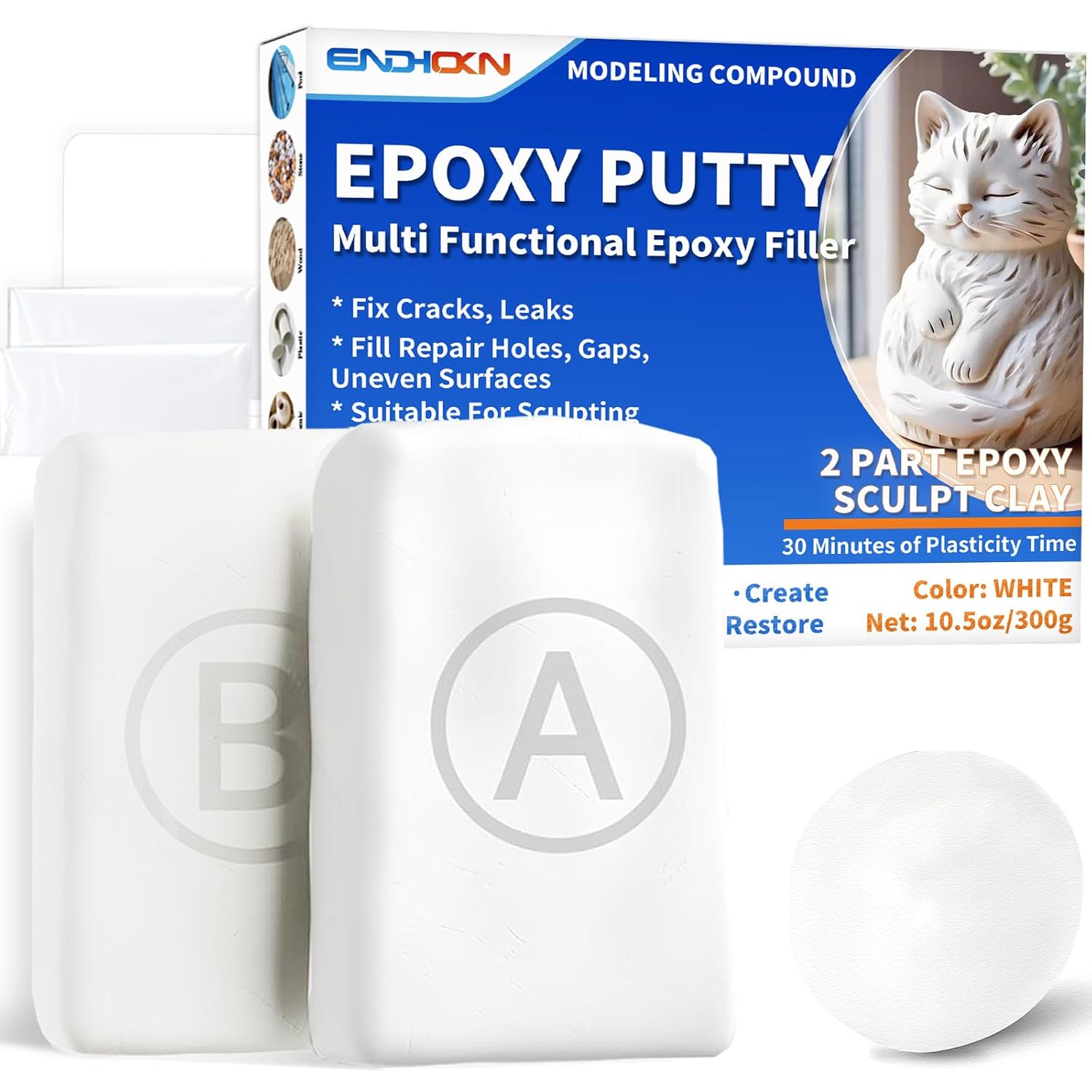 Epoxy Putty, Endhokn 300g White Putty Stick Fix Leaks, Cracks and Fill Holes, Sculpting, Modeling, Epoxy Sculpt Clay for Metal, Ceramics, Plastic, Wood, Tile, Concrete