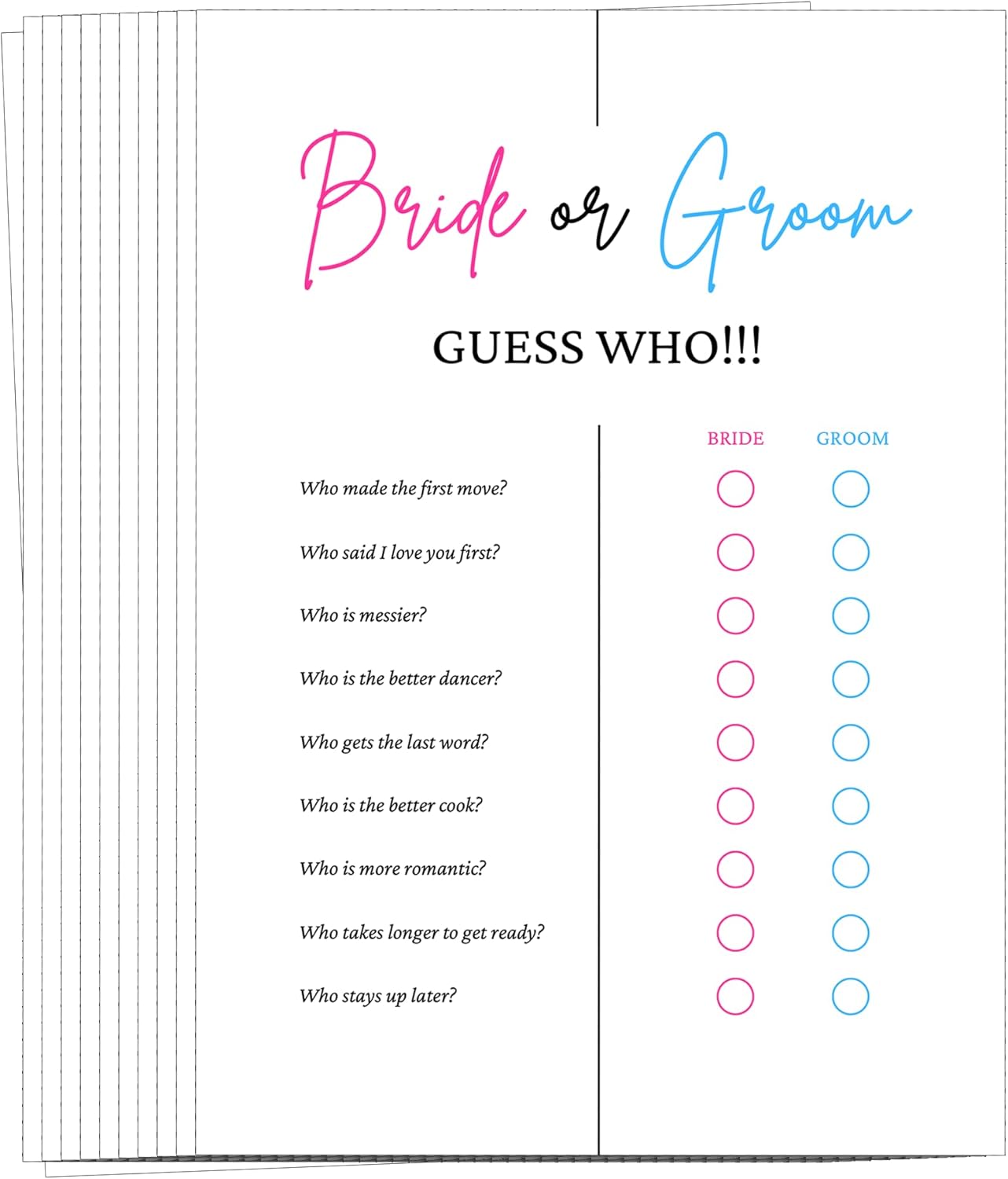 Custom Label Design Ltd 10 Pack Bride or Groom Guess Who Game Cards – A6 Hen Party Games – Fun Wedding Shower Activity for Bridesmaids, Bachelorette Party Supplies, Bridal Shower Entertainment