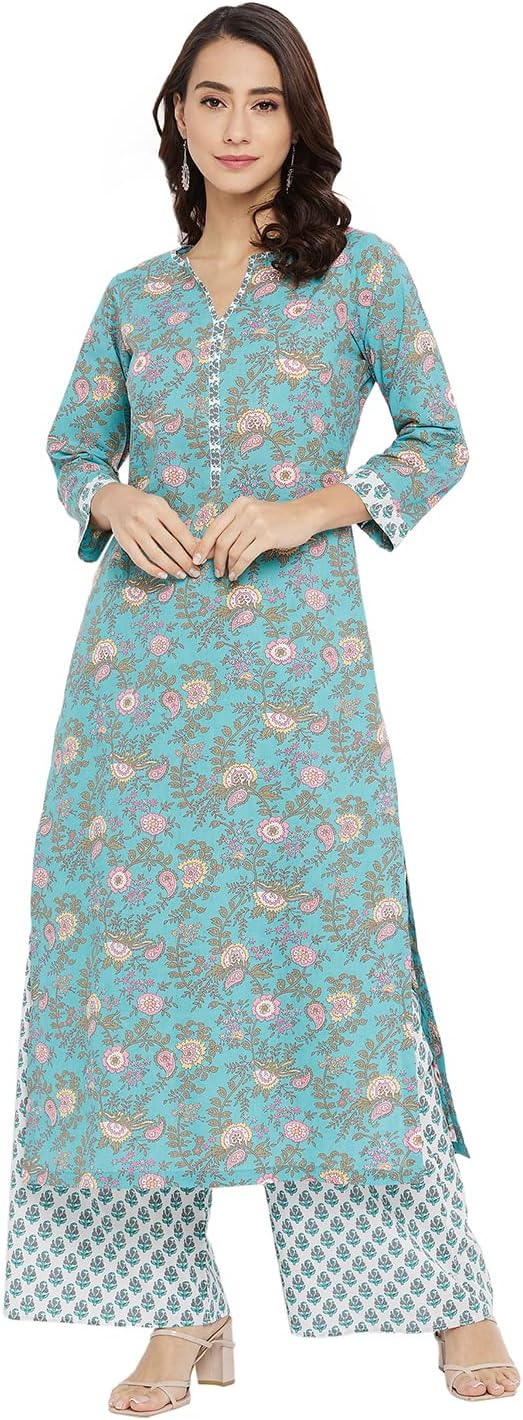 Tissu Women's Cotton Sea Green & Pink Floral Printed Kurta with Palazzo