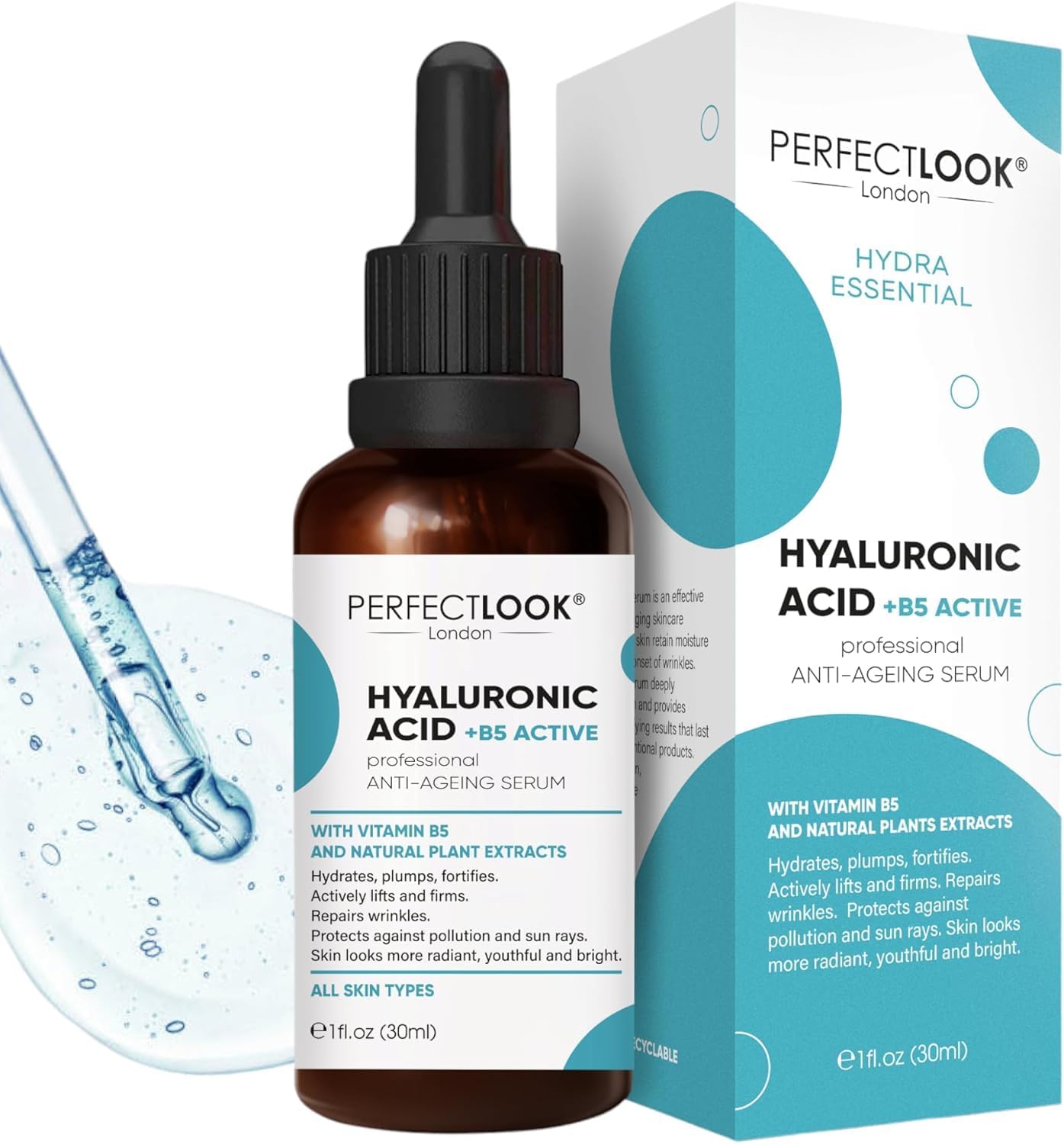 Perfect Look London 5% Hyaluronic Acid Serum for Face with Centella Asiatica and Vitamin B5 – 97.6% Natural Ingredients – Anti-Ageing Formula for Deep Hydration, Firming & Plumping 30ml