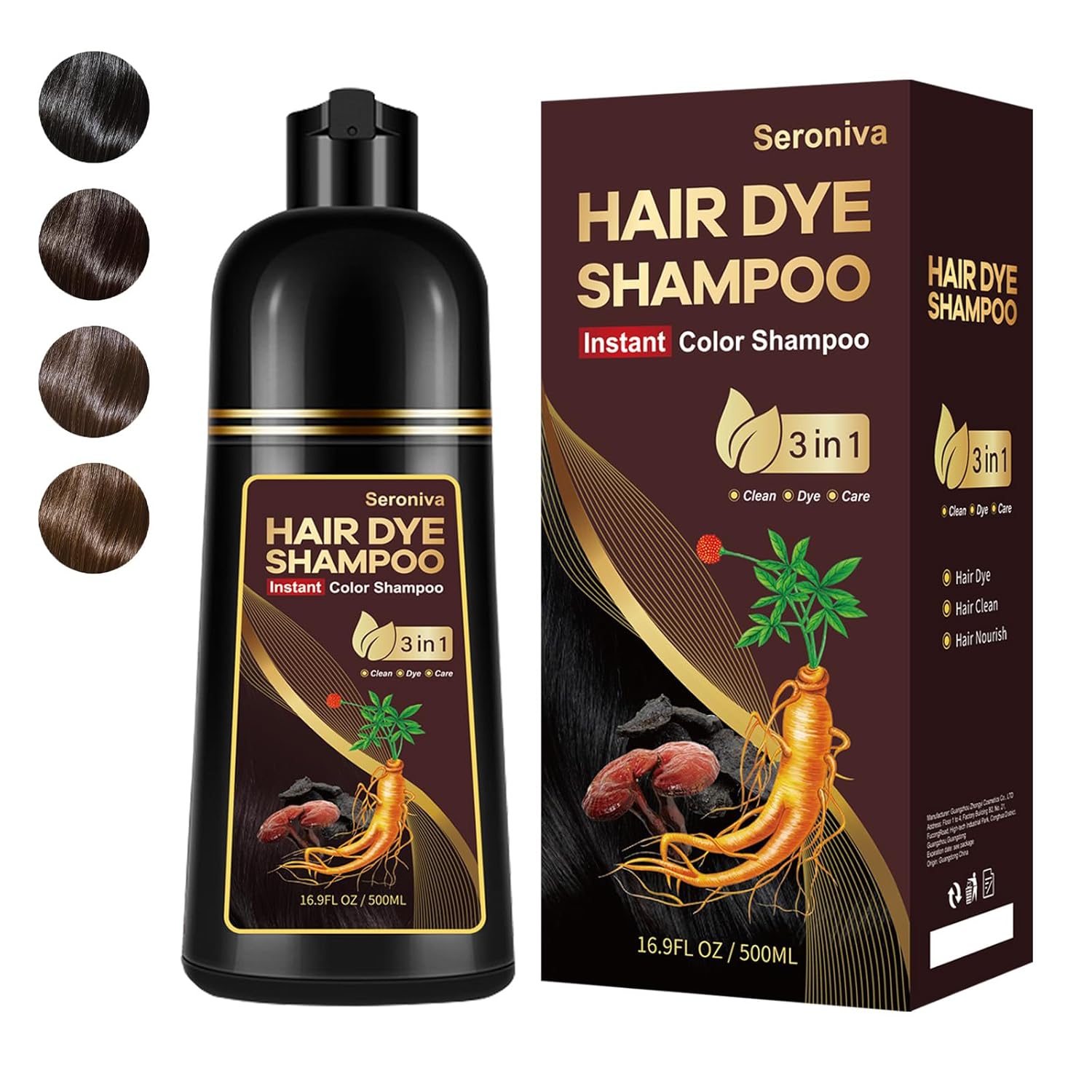 Black Hair Dye Shampoo 3 in 1, Root Touch Up Hair Color for Women Men Semi Permanent 100% Gray Hair Coverage, Champu Para Canas for Color Treated Hair, 15 Minutes Quick Dye, 500 ml