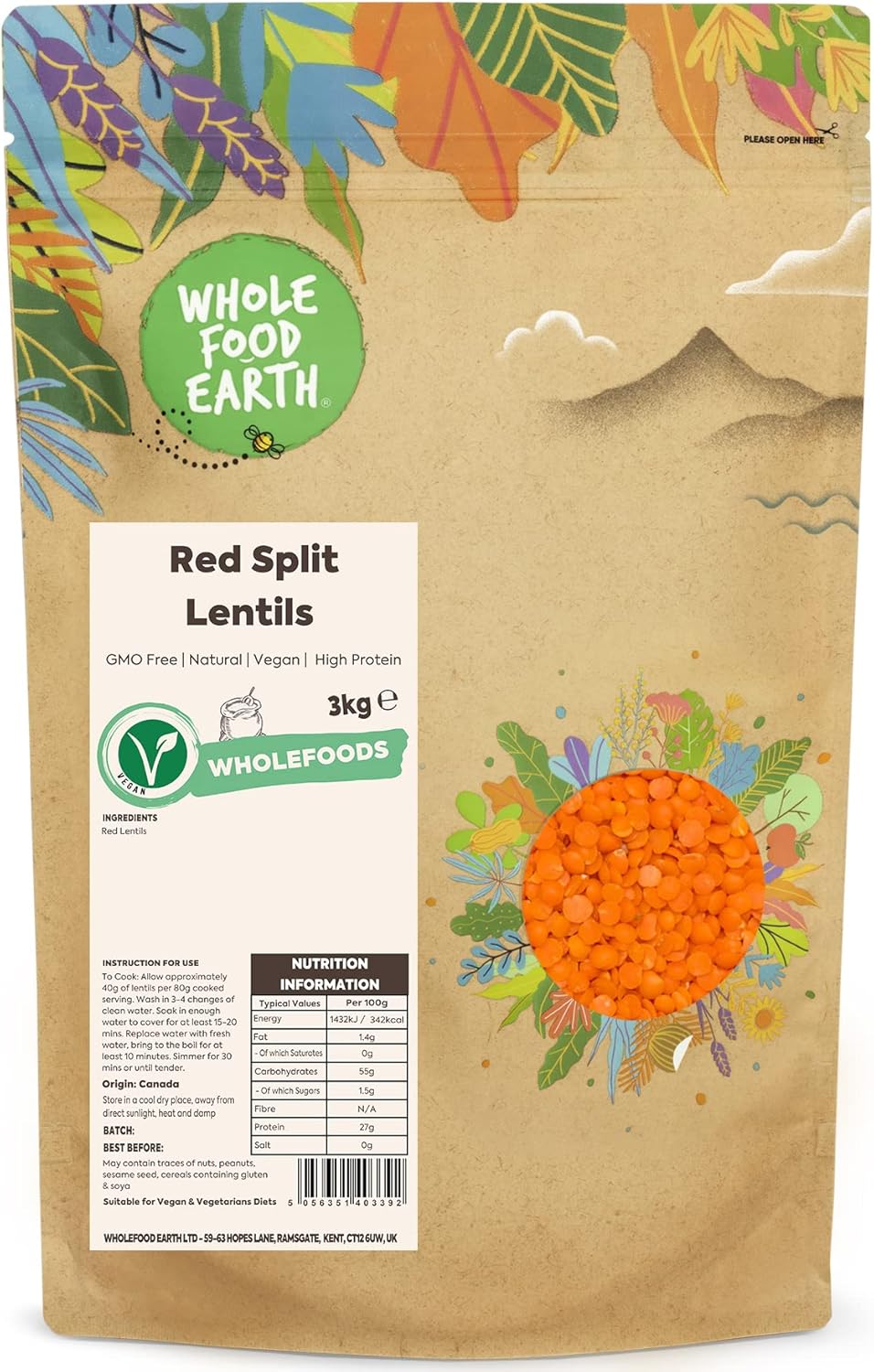 Wholefood Earth Red Split Lentils 3 kg | GMO Free | Natural | High Protein