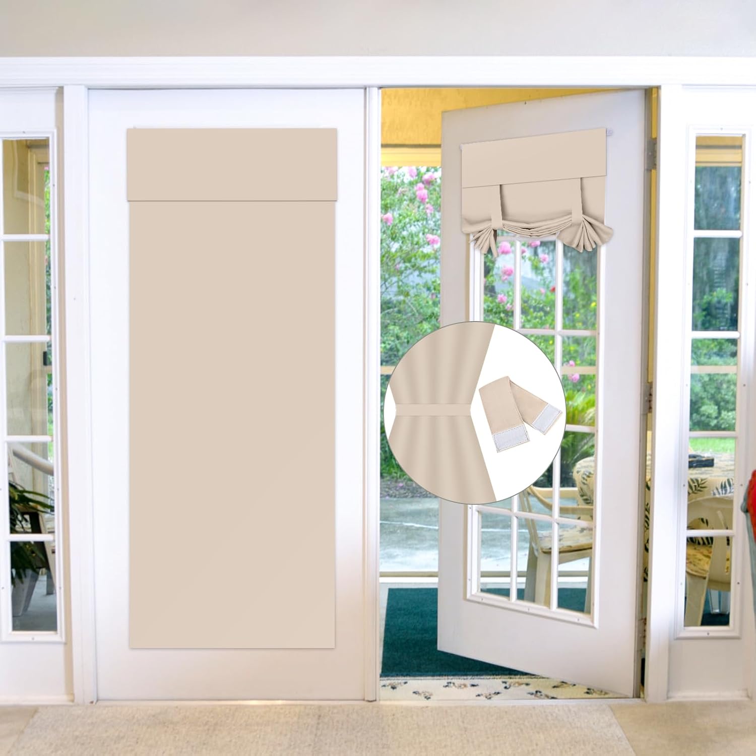 Maritown Blackout Door Curtains, French Door Blinds Stick On Curtains for Privacy and Light Control, Thermal Insulation, Beige