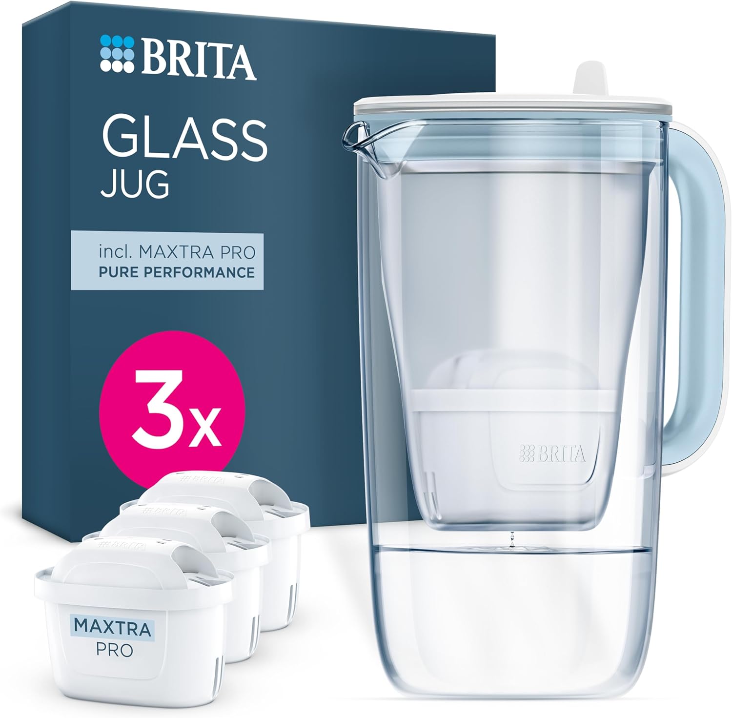 BRITA Glass Water Filter Jug Light Blue (2.5L) Starter Pack inc. 3x MAXTRA PRO Pure Performance - Premium Glass jug with easy-filling Flip-Lid and Indicator - in sustainable Smart Box packaging