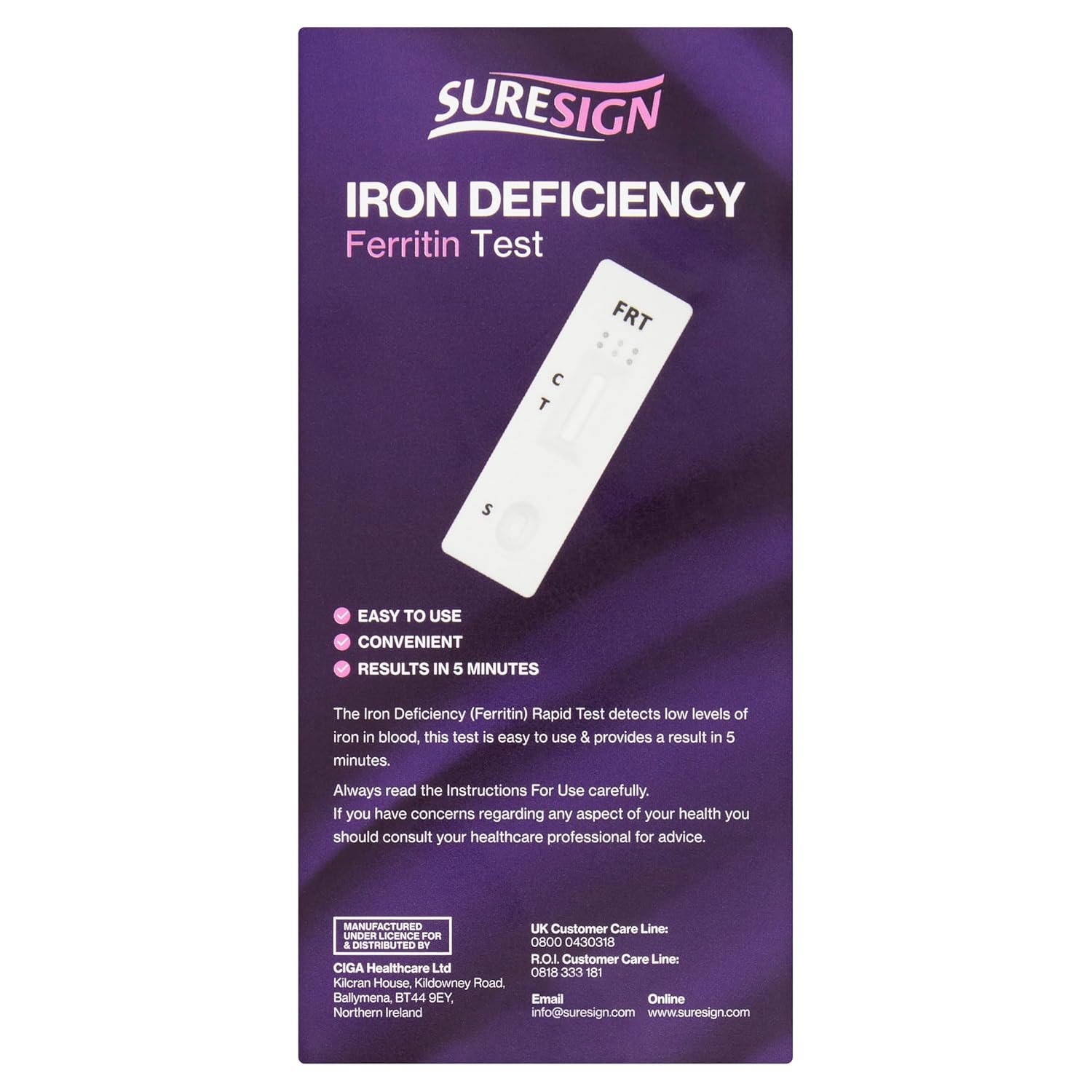 Suresign Iron Deficiency Ferritin Test, Accurate Results in 10 Minutes, Easy to Use, Quick Reference Colour Card