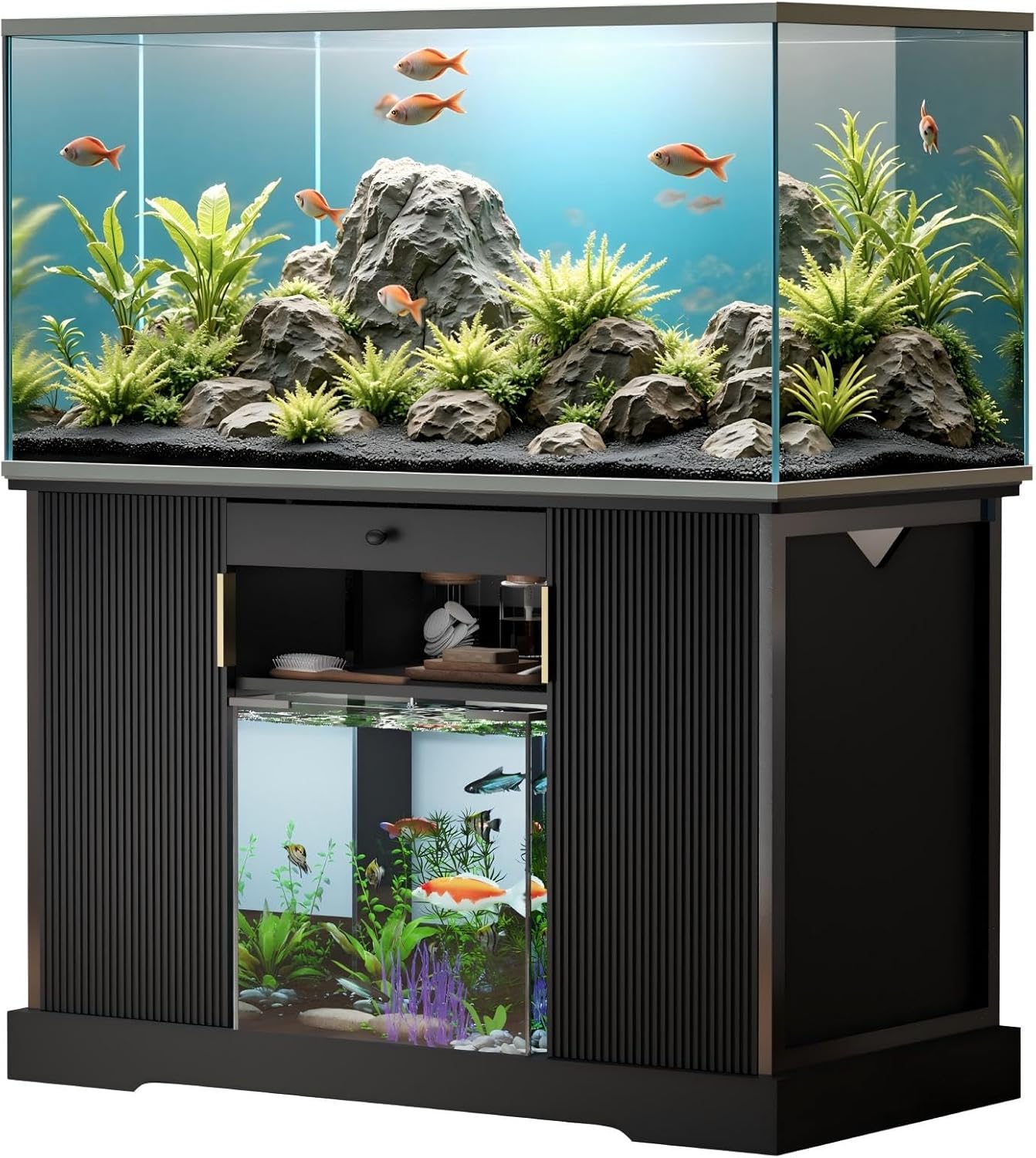 120 Gallon Reptile Tank Stand, Heavy Duty Large Aquarium Stand with Pull-Out Drawer and Double Door Cabinets, Reptile Terrarium Table for Turtle Tanks, Fish Tank Accessories Storage, Black