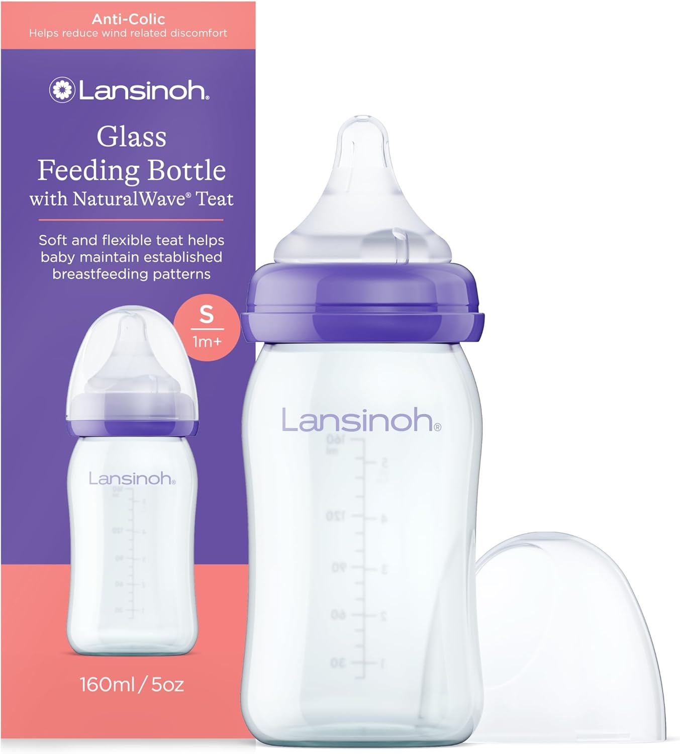 Lansinoh Glass Baby Bottle with NaturalWave Teat (160 ml), Anti-Colic, Premium Heat & Thermal Shock-Resistant Glass, Slow Flow Soft & Flexible Silicone Teat, teats are BPA & BPS Free, Purple