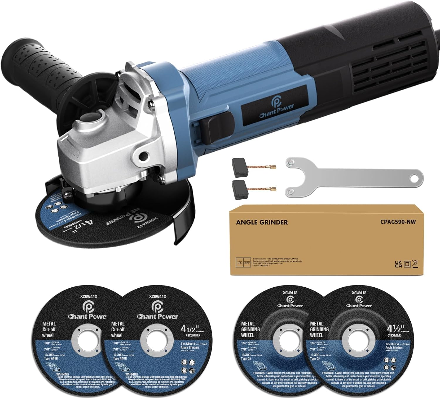 C P CHANTPOWER Angle Grinder Power Tool, 115mm Corded Cutting Grinding Polishing with 2X Cutting Wheel, 2X Grinding Wheel and Side Handle, 750W 220-240V Cutter