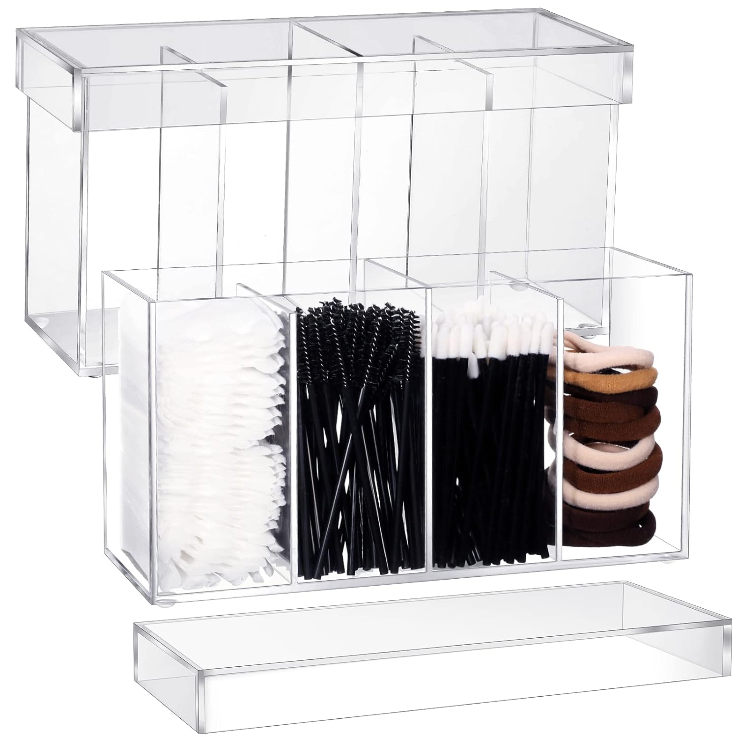 2 Pack 4 Compartment Acrylic Makeup Organizer and Storage with Lid Bathroom Storage with 4 Tray Eyelash Mascara Brushes Organizer Brush Holder for Cosmetics, Cotton Balls or Office Supplies