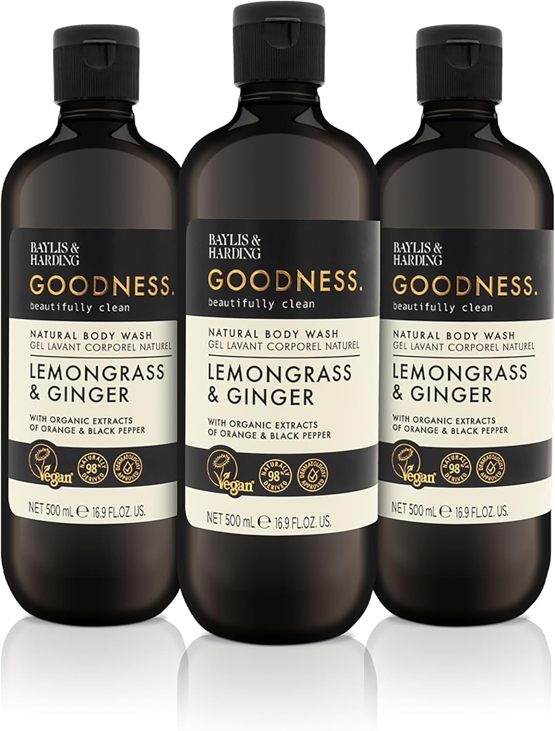 Baylis & Harding Goodness Lemongrass and Ginger Body Wash, 500 ml (Pack of 3) - Vegan Friendly