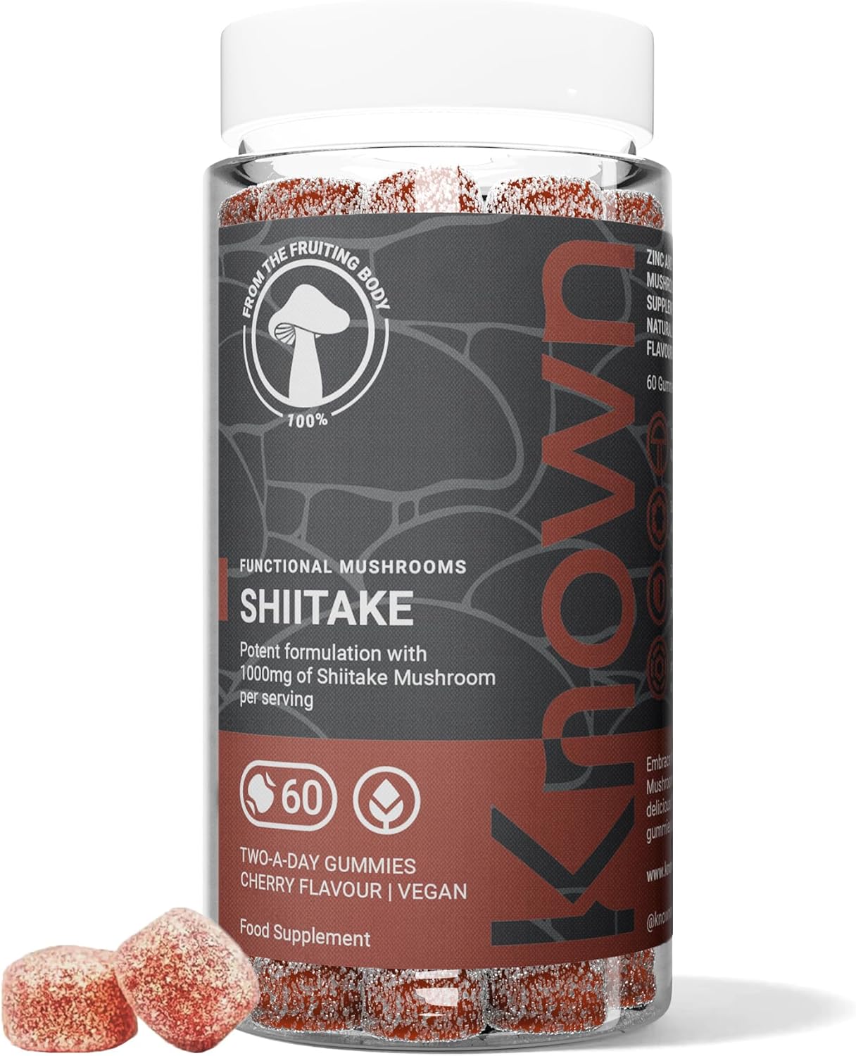 Known Tasty Shiitake Gummies - 1000mg Shiitake Mushroom, Zinc - Hair, Skin & Nails - Natural Cherry Flavour - 60 Vegan Gummies, 1 Month Supply