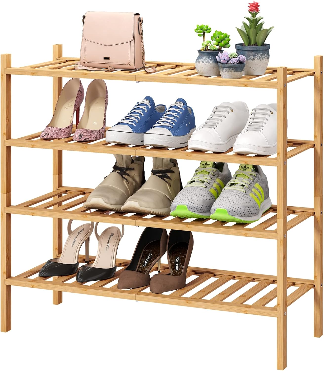 4-Tier Bamboo Shoe Rack for Entryway, Stackable | Foldable | Natural, Shoe Organizer for Hallway Closet, Free Standing Shoe Racks for Indoor Outdoor