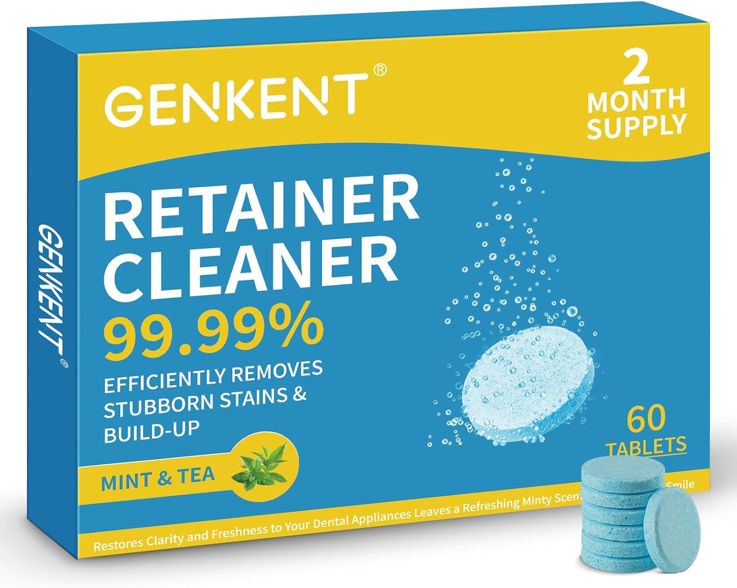 GENKENT Retainer Cleaner Tablets for Invisalign, Mouth Guard, Night Guard and More Dental Appliances, 60 Denture Cleaning Tablets