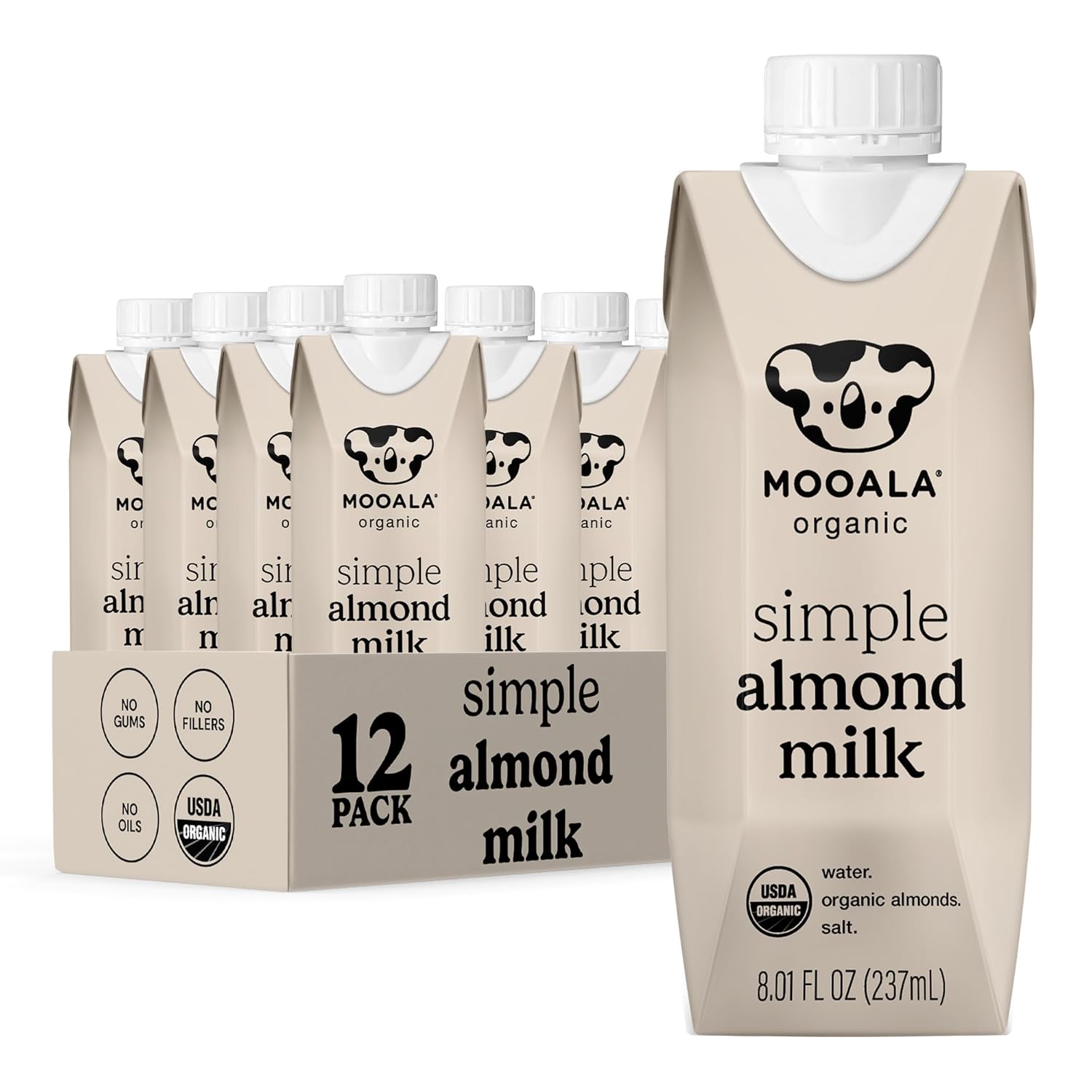 Mooala Organic Simple Almondmilk - -Shelf Stable Single Serve Cartons, 3 Ingredients, No Gums, No Oil, No Fillers Unsweetened, Dairy Free Milk, On The Go 12 Pack