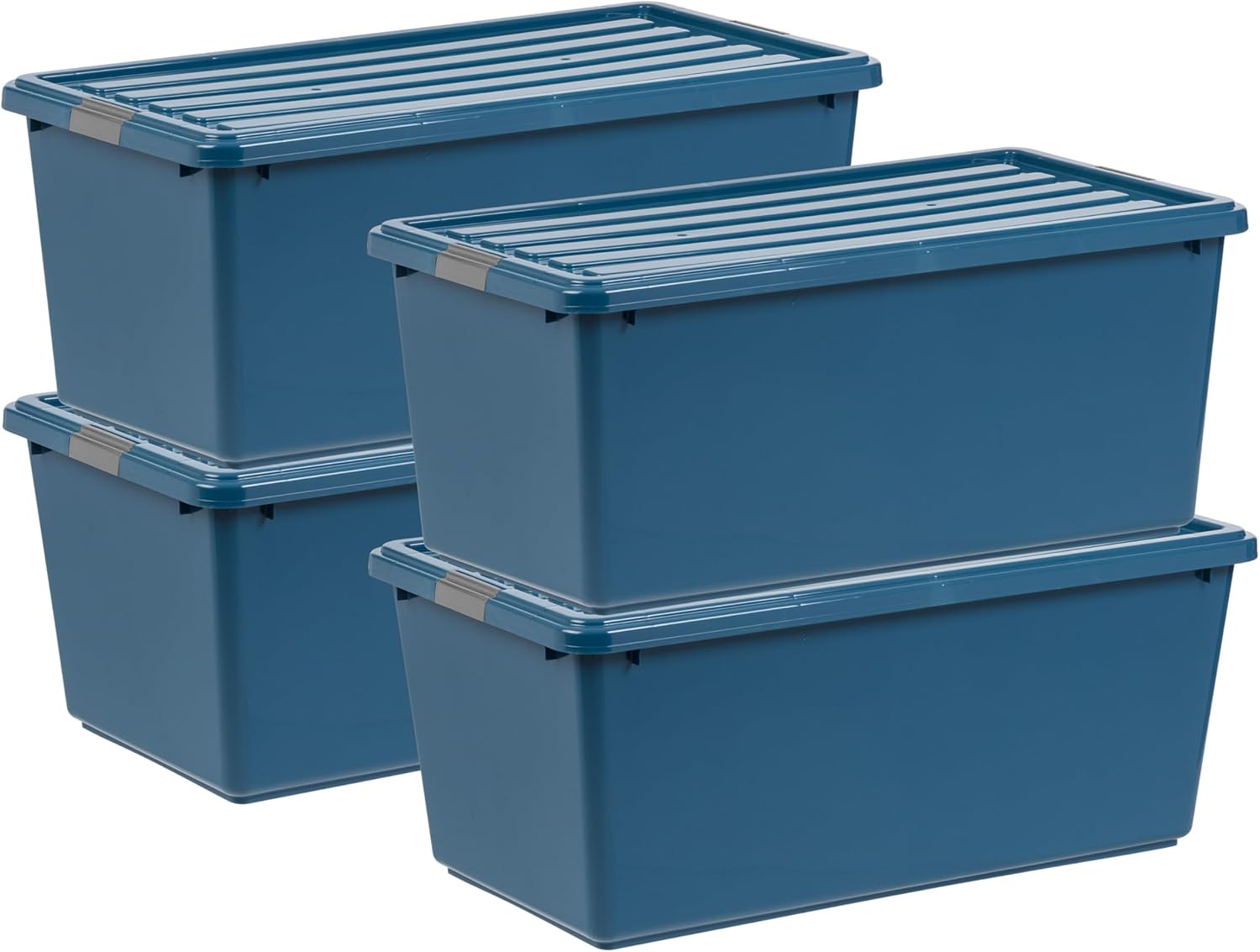 IRIS USA 91 Quart / 23 Gal. Eco-Friendly Stackable Storage Bins with Lids and Latch Buckles, 4 Pack - BPA-Free, Large Plastic Containers, Home Office Organization, Nestable Tote Box Tub - Navy