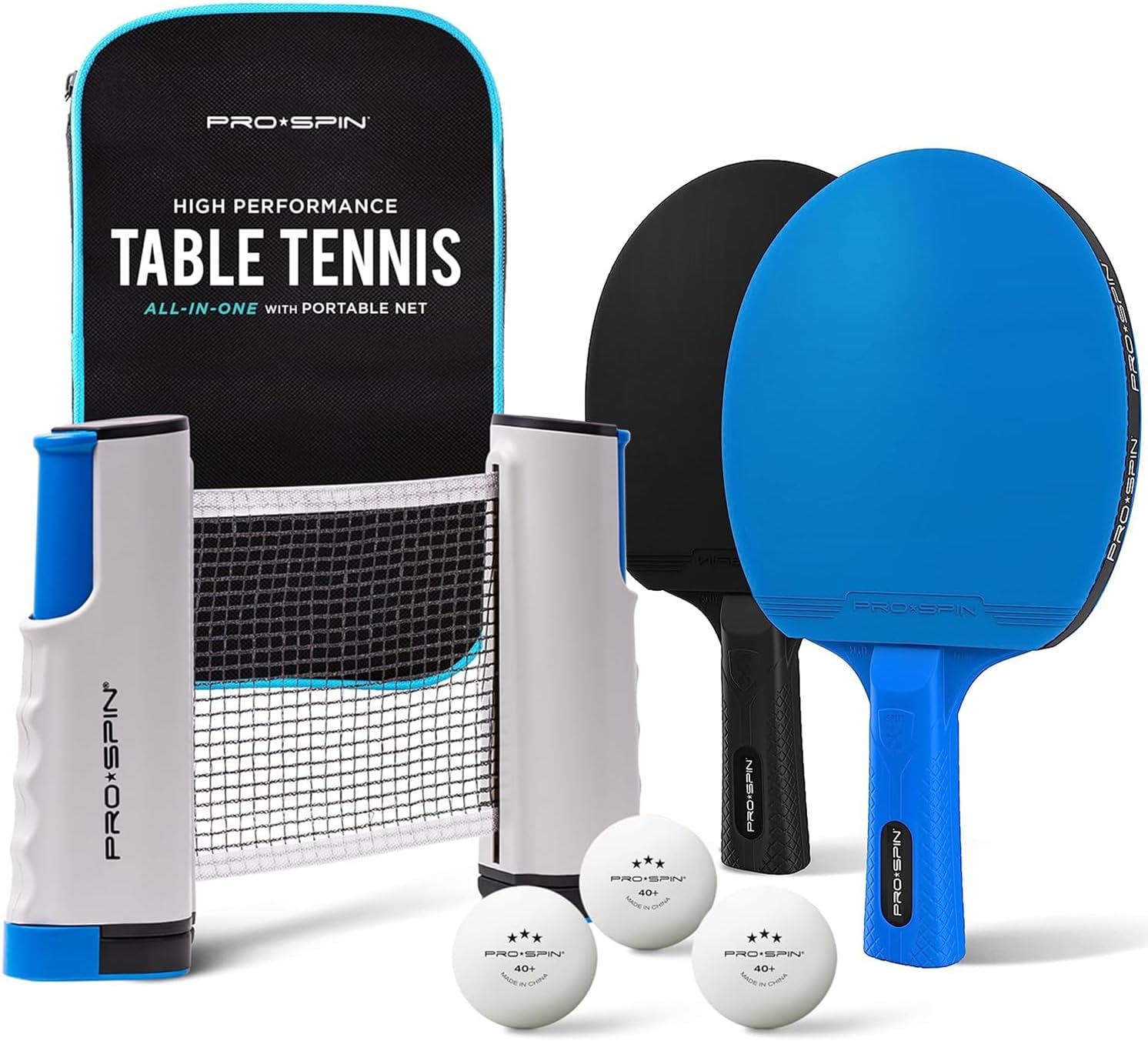 PRO-SPIN All-in-One Ping Pong Set - Retractable Ping Pong Net for Any Table (72"), Ping Pong Paddles and Balls, Storage Case (2-Player Ultra-Comfort Set, Blue/Black)