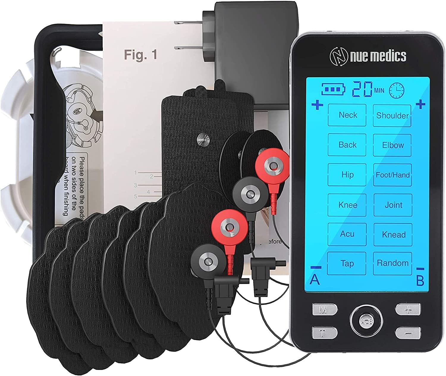 NueMedics Tens Unit Machine Pulse Massager for Pain Relief, 24 Massage Modes, Rechargeable Muscle Stimulator Device with 10 Pads