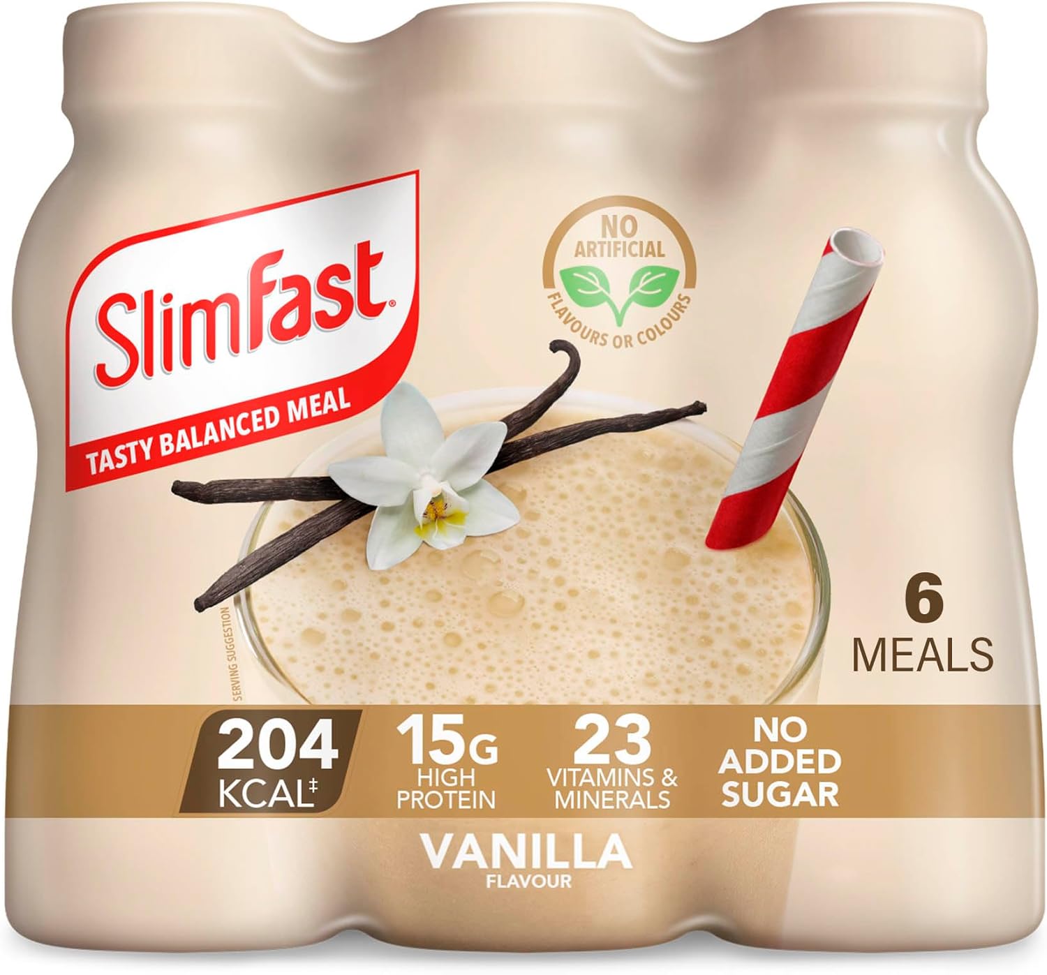 SlimFast Ready To Drink Shake, Meal Replacement Shakes for Weight Loss and Balanced Diet, High Protein, Vitamins and Minerals, No Added Sugar, Vanilla Flavour, 6 x 325 ml, Packaging May Vary