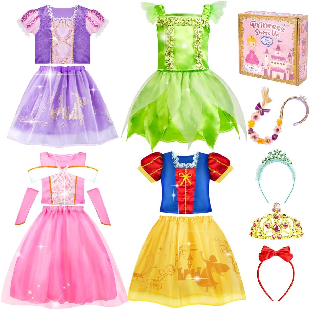 MELAND Princess Costumes for Girls - 4 Set of Princess Dress up for Girls, World Book Day Costume Girls Fancy Dress Up Clothes for Kids Toddlers Birthday Present Gift for Girls Age 3 4 5 6 7 8