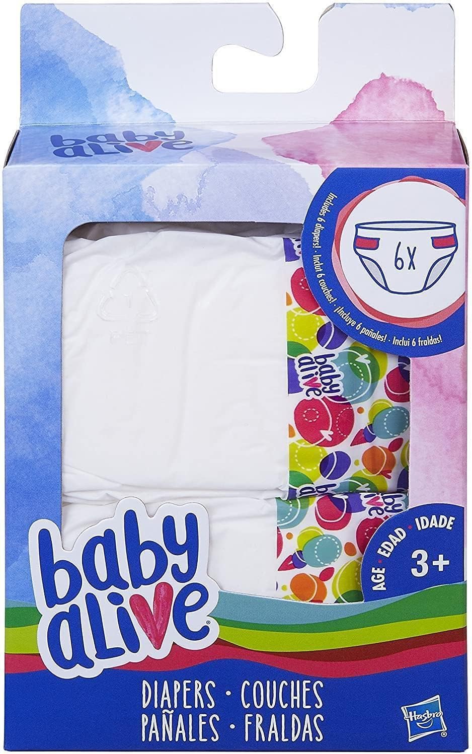 Baby Alive Toy Doll - Diapers Nappy Pack- Includes 6 Drink and Wet Nappies - Super Snacks