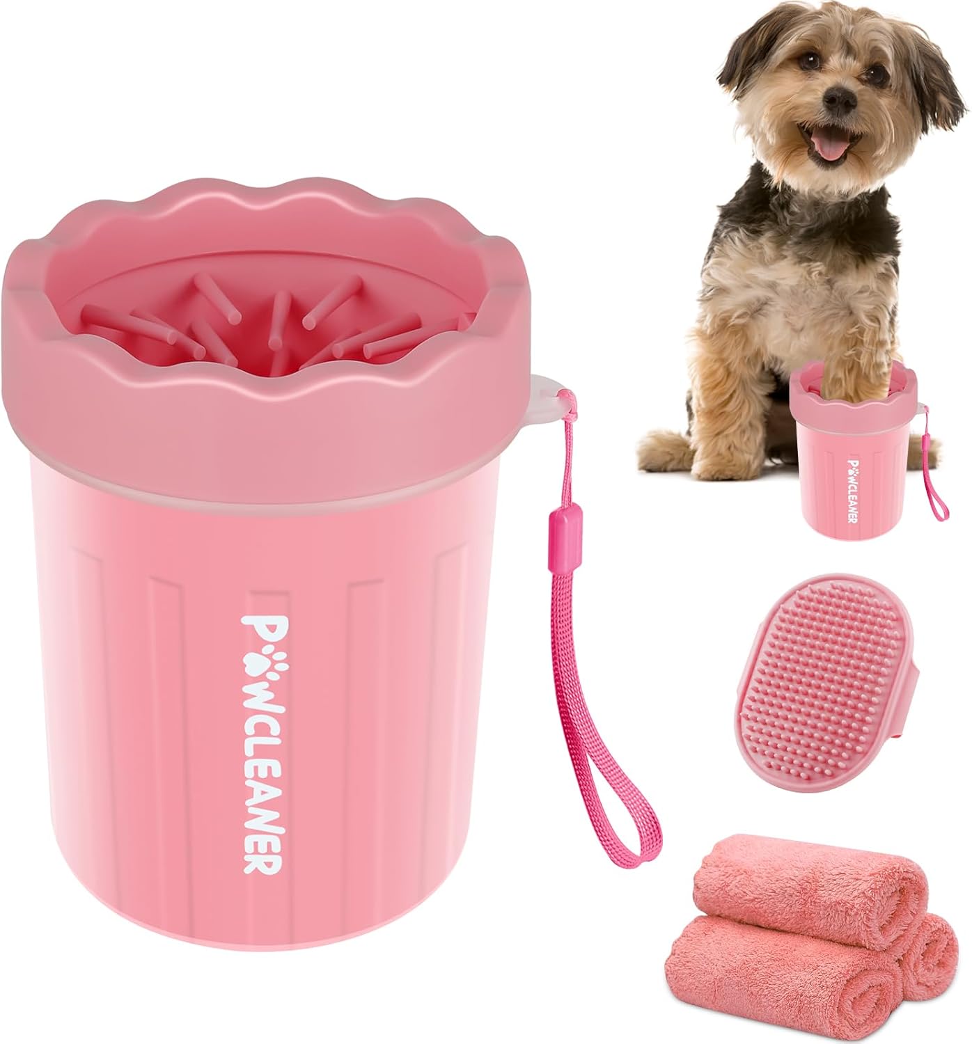 Comotech Dog Paw Cleaner, Portable Dog Paw Washer Pet Cleaning Silicone Brush with 3 Absorbent Towel, Pet Foot Cleaner for Small Breed Dogs (with 3 absorbent towel) (Light Pink, Small)