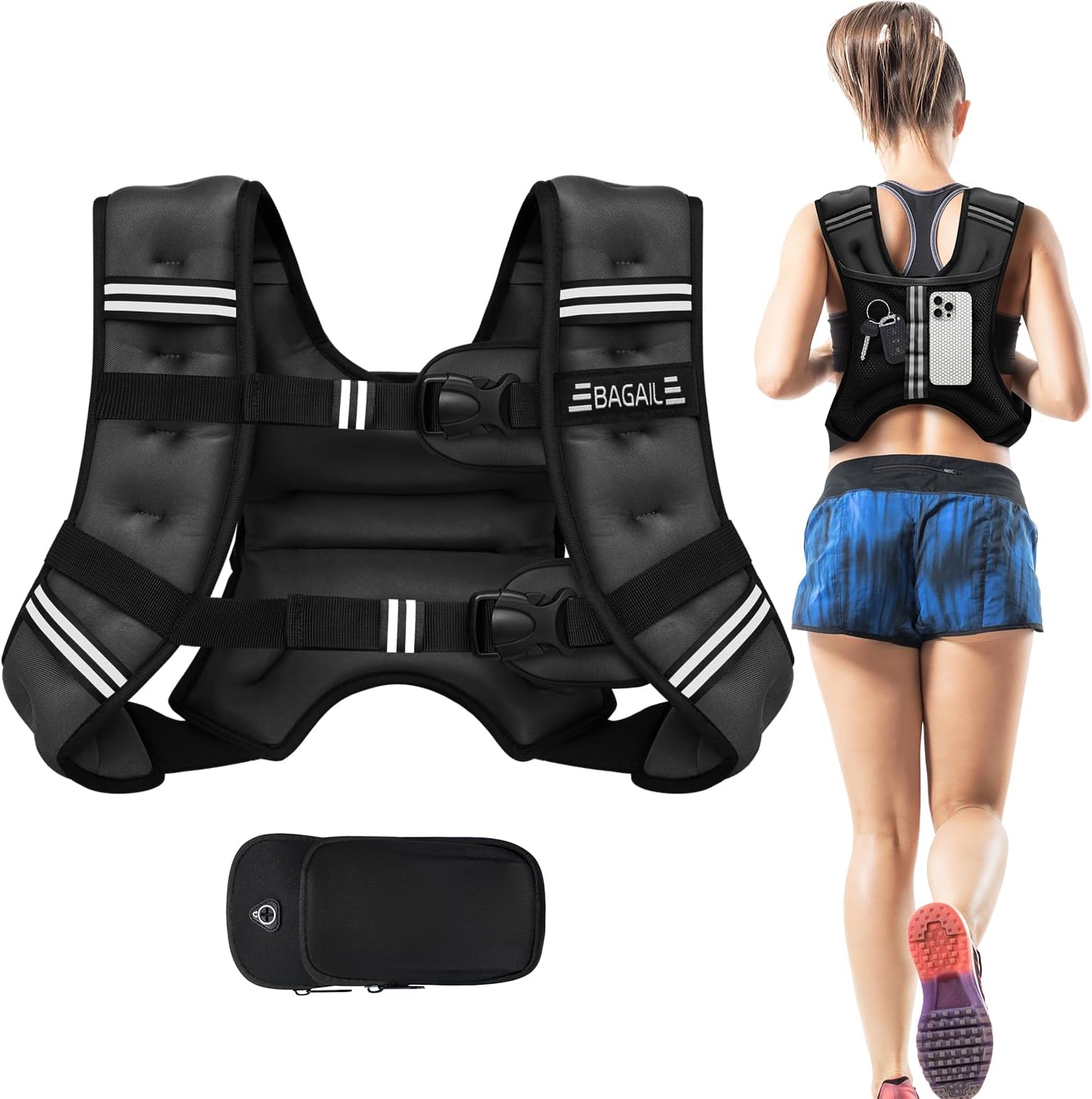 BAGAIL Weighted Vest, 5lbs/8lbs/10lbs/12lbs/15lbs/20lbs/25lbs/30lbs Weight Vest with Detachable Phone Pouch, Rucking Vest for Women, Men, Walking, Weight Loss, Training, Running
