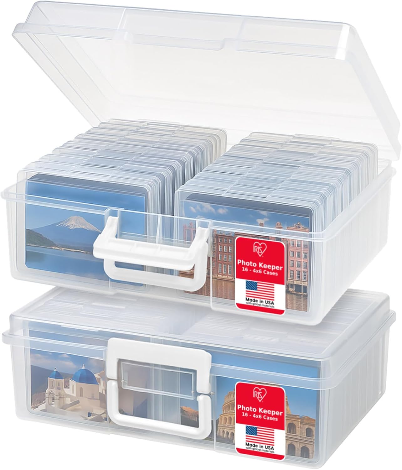 IRIS USA 4" x 6" Photo Storage Box Craft Keeper, 2-Pack, Transparent Handle Container with 16 Organization Cases for Pictures, Crafts, Scrapbooking, Stationery Storage and Organization, Clear