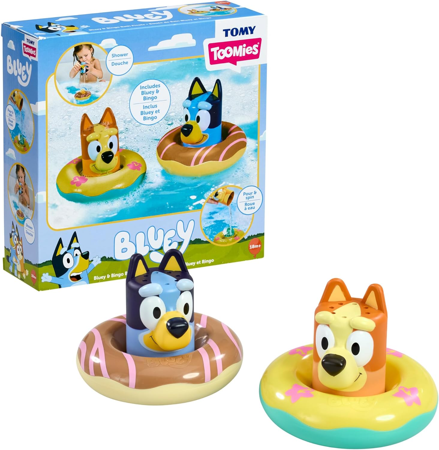 TOMY Toomies Splash & Float Bingo and Bluey Water Toys - 2-in-1 Toddler Bath Toys with Pour Cup and Water Wheel - Ages 18 Months and Up