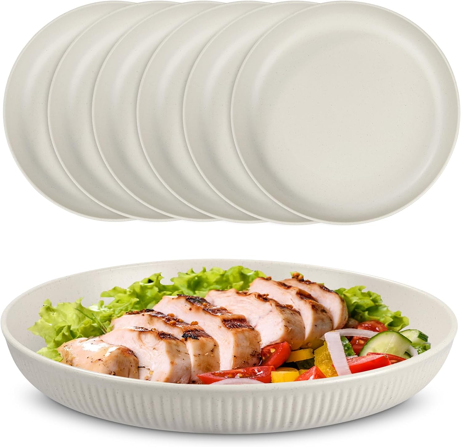 Esilihom 6Pcs Unbreakable Dinner Plates, 22.5cm Plastic Plate Camping Set, Reusable for Salads, Pasta, Parties, Home, Office, Microwave & Dishwasher, Beige