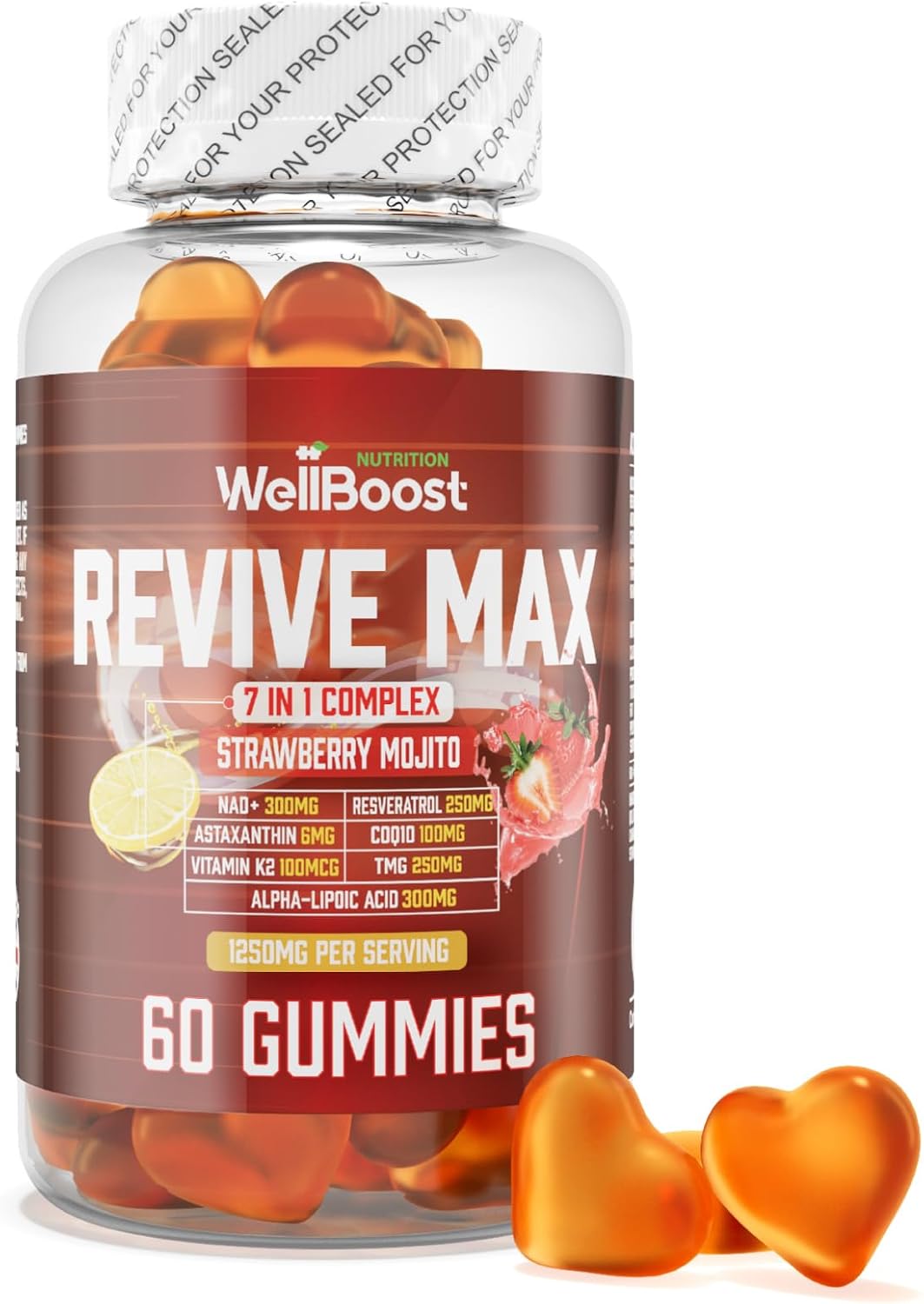 Revive Max Gummies, NAD 300mg, Alpha-Lipoic 300mg, Resveratrol 250mg, TMG 250mg, CoQ10 100mg, Vit K2 100mg and Astaxanthin 6mg per serving- Chewabl Vegan sugar free gummies, strawberry Mojito flavour.