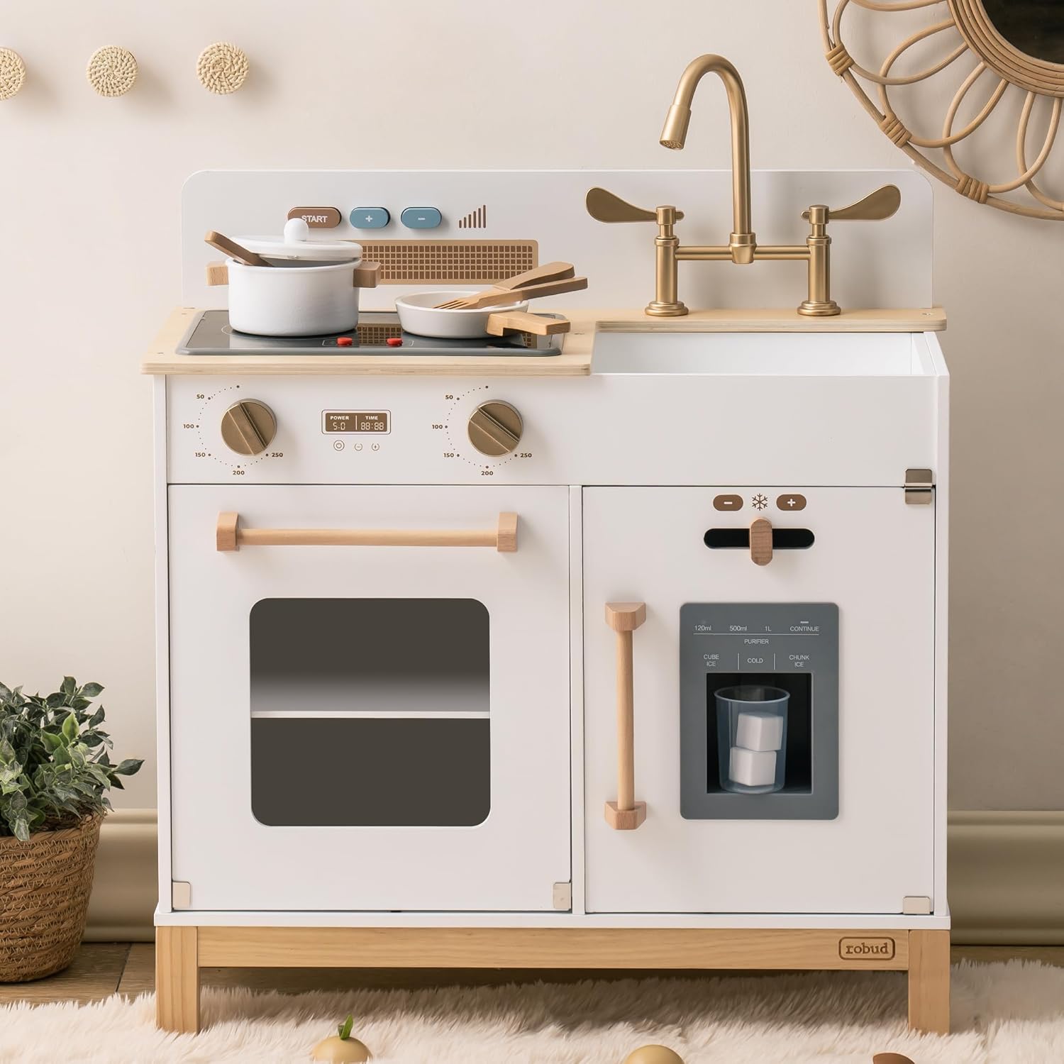 ROBUD Wooden Kids Kitchen | Montessori Play Kitchen Wooden Toy Kitchen Set with Accessories, Sound & Light Stove, Oven, Pot, Utensils, Kitchen Playset Girls Boys Gifts for 3-6 Year Old Kids