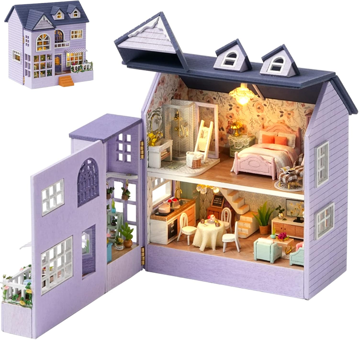 Spilay Dollhouse DIY Miniature Wooden Furniture Kit,Mini Handmade Doll House with LED,1:24 Scale Creative Woodcrafts Toys for Adult Friend Lover Birthday Gift D32