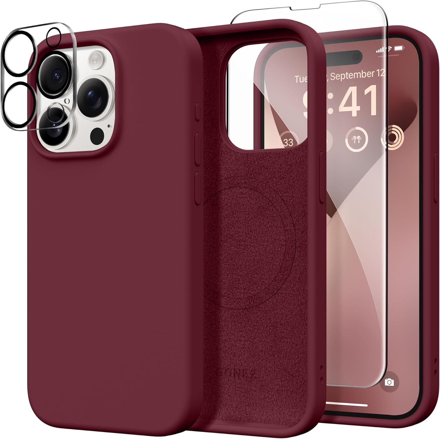 GONEZ Magnetic for iPhone 15 Pro Case, Compatible with MagSafe, [Screen Protector + Camera Lens Protector], Silicone Shockproof Anti-Scratch Protective Phone Case 6.1 inch, Maroon