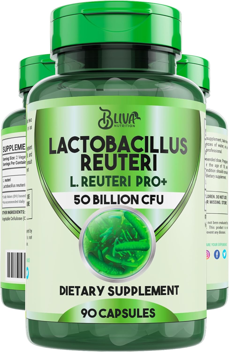 BLIVA Lactobacillus Reuteri Capsules – L Reuteri - 50 Billion CFU per Serving - Highest CFU Count L Reuteri Supplement - 90 Capsules