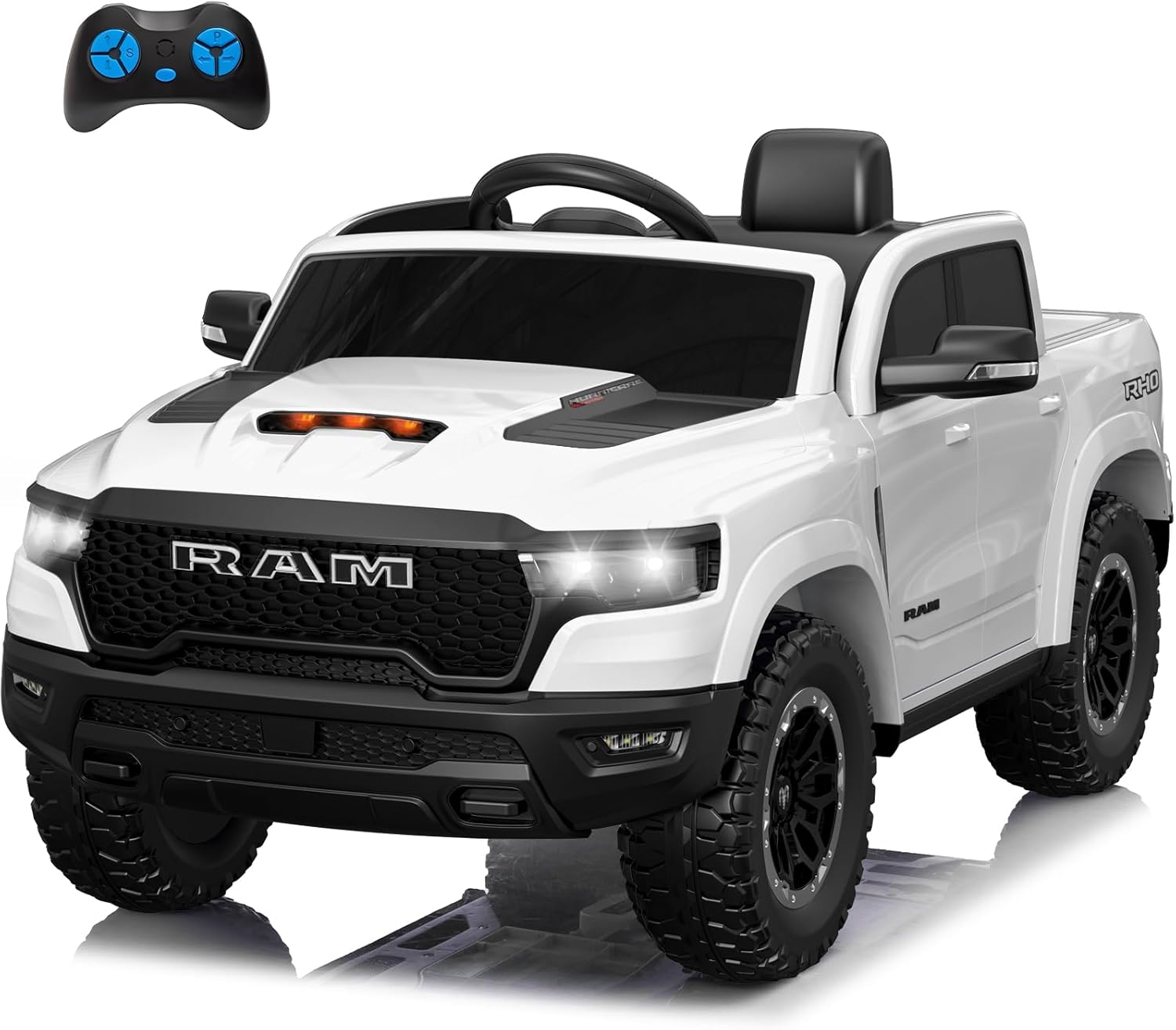 Licensed Ram 1500 Ride on Toys for Kids 4-8, Ride-on Electric Car for Kids with Remote Control, Battery Powered with Car Key/Gear Selector, LED Light/Music/MP3, Back Storage (12V, White)