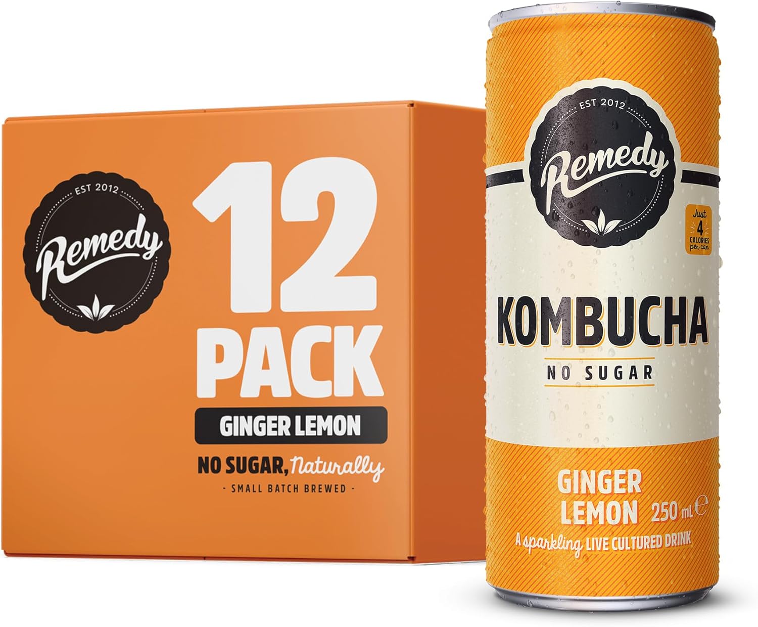Remedy Raw Kombucha Tea - Sparkling Live Cultured Drink - Sugar Free Ginger Lemon - 250ml Can (12 Pack)