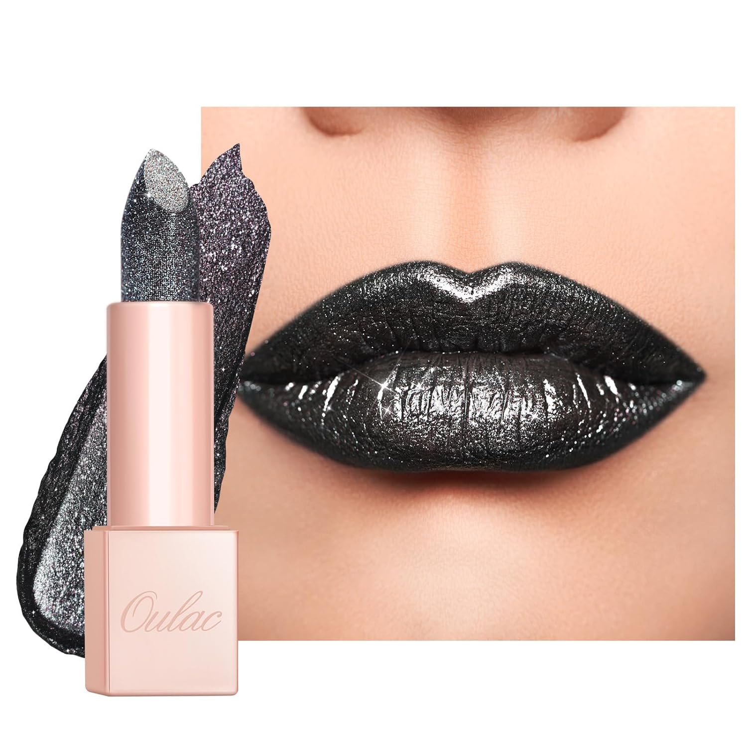 Oulac Halloween Black Lipstick Grey Black with Silver Shimmer - Moisture Creamy Lipstick for Women, Vegan & Gluten Free - D07 Monodrama