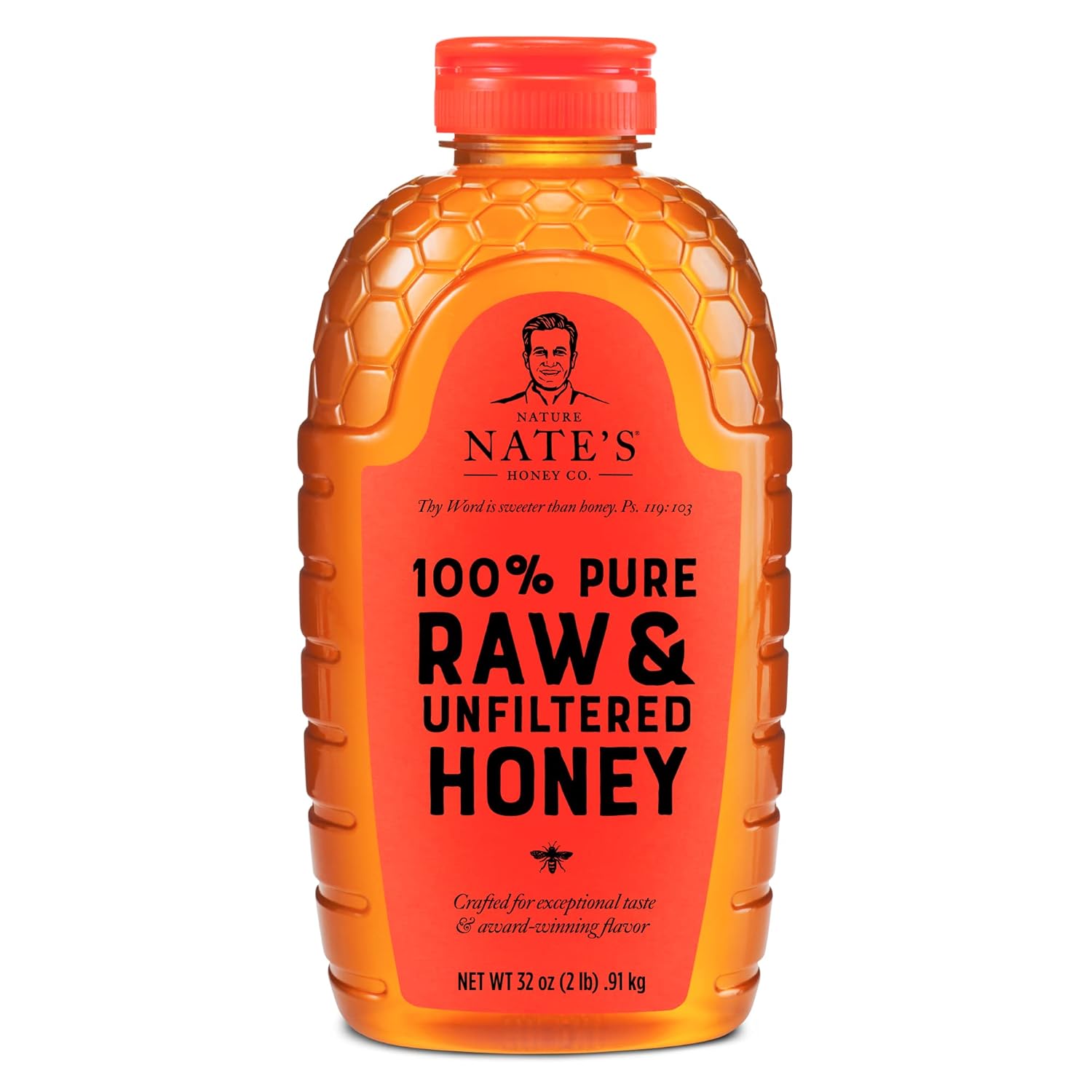 Nate's 100% Pure, Raw & Unfiltered Honey - Award-Winning Taste, 32oz. Squeeze Bottle