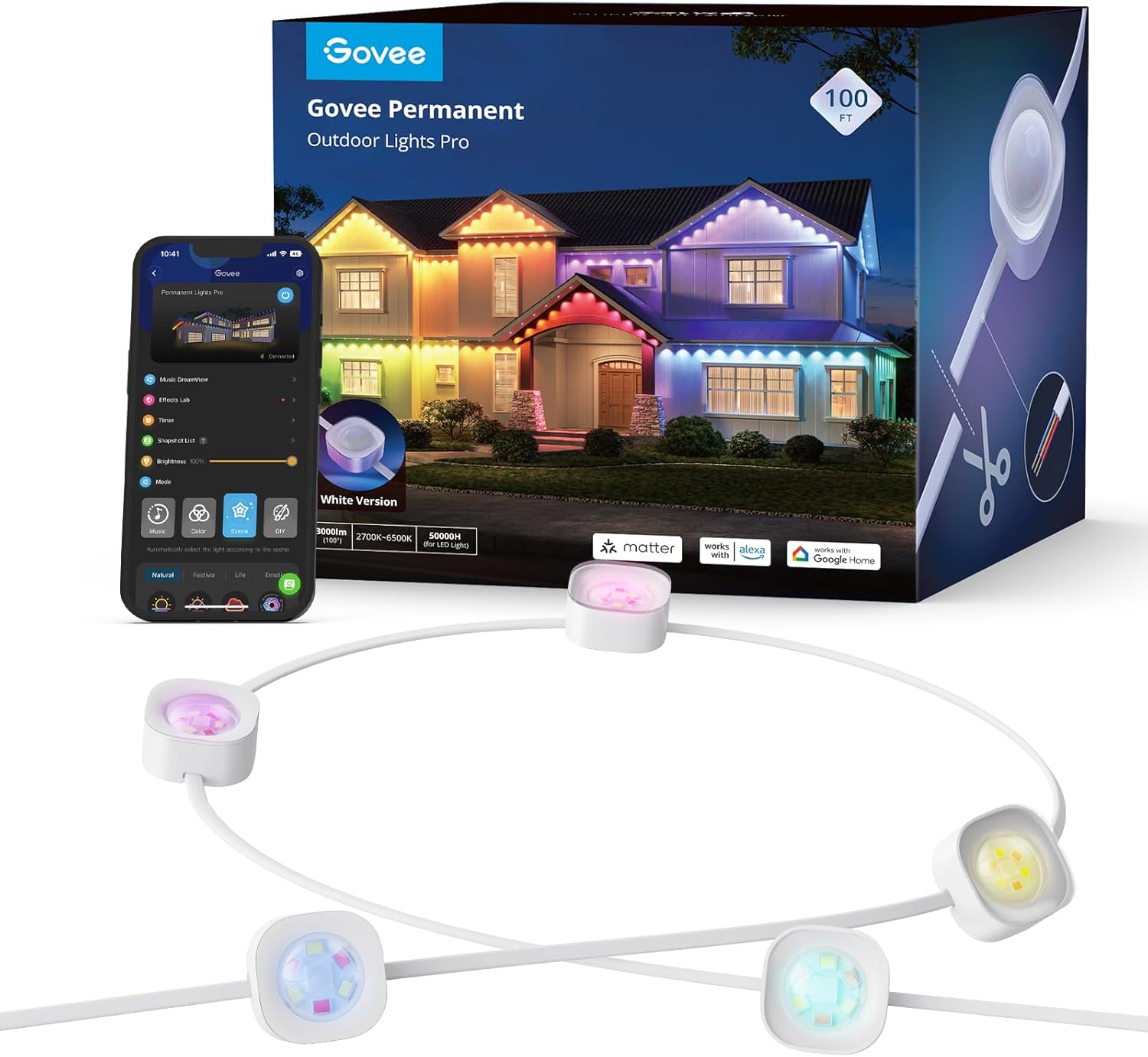 Govee Permanent Outdoor Lights Pro, 100ft with 60 RGBIC LED Lights for Daily and Accent Lighting, 75 Scene Modes for Christmas, IP67 Waterproof, Works with Alexa, Google Assistant, Matter, White