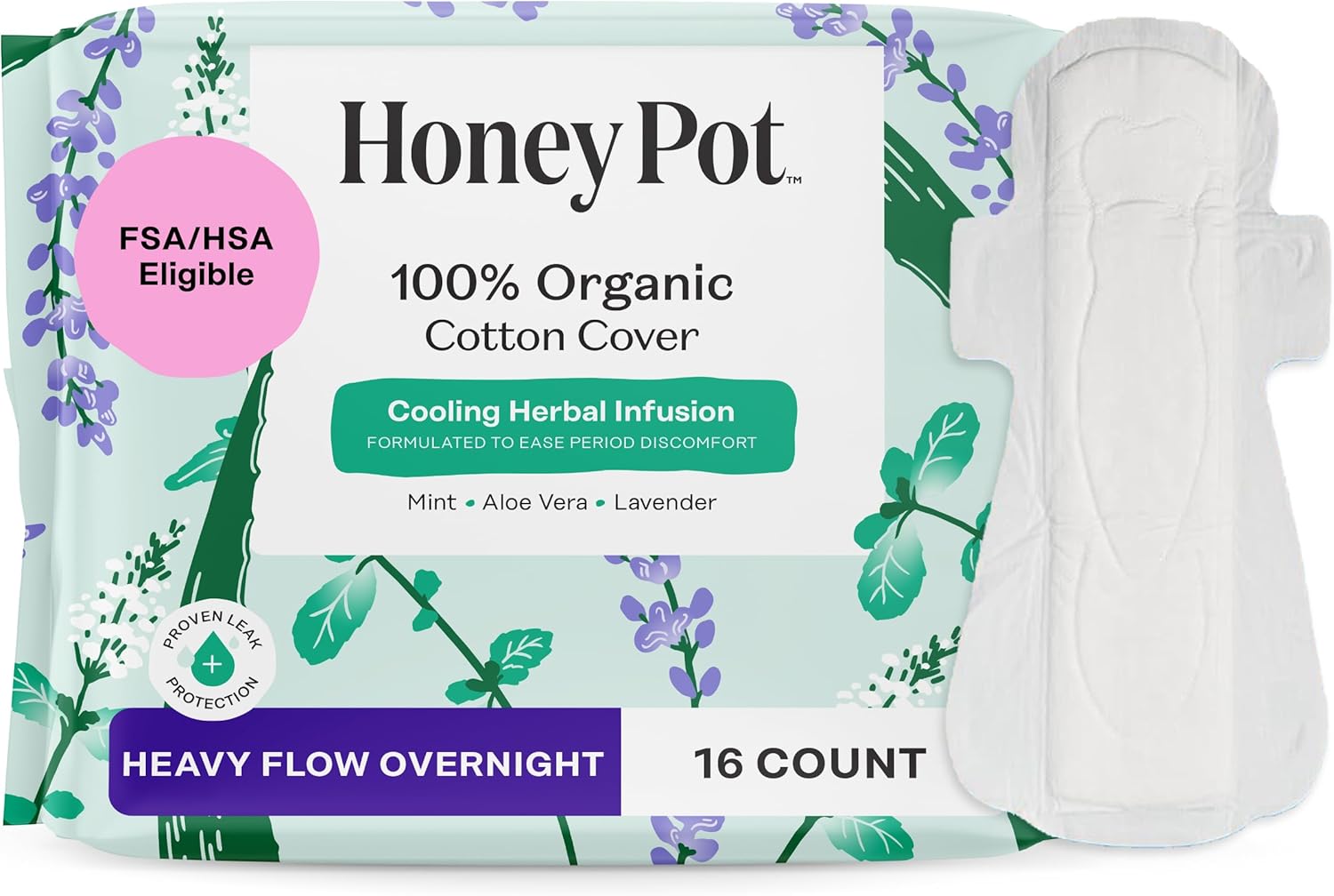 The Honey Pot Company - Herbal Sanitary Pads for Women - Heavy Flow Overnight w/Wings - Infused w/Essential Oils for Cooling Effect & Organic Cotton Cover - Feminine Care - 16 ct