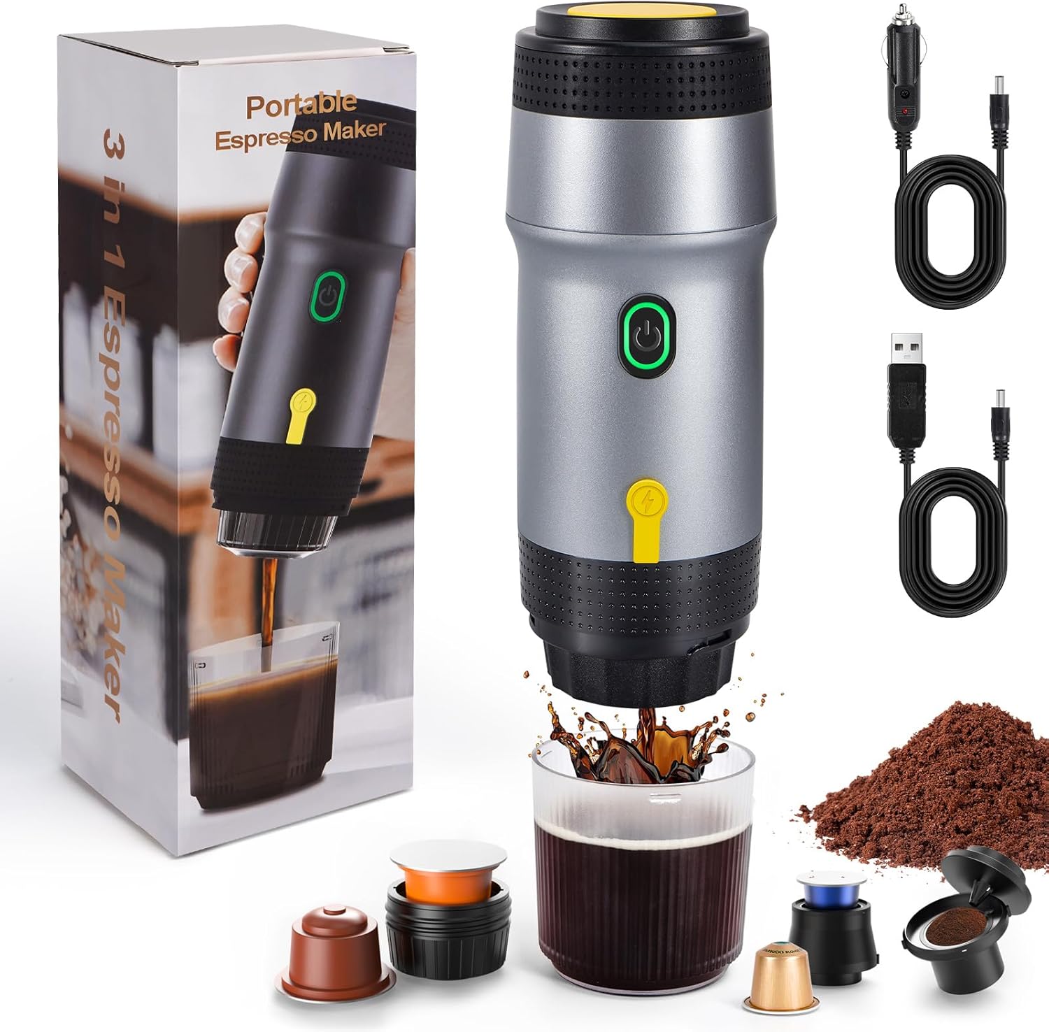 Nsyee 3-in-1 Portable Espresso Machine, Self-Heating, 12V Car Coffee Machine, Compatible with Big Capsules/Small Capsules/Ground Coffee, Electric Travel Coffee Maker, For Camping, RV, Office, Silver