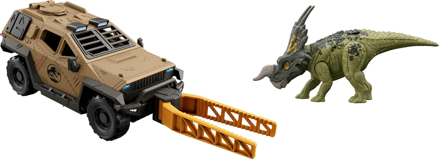 Mattel Jurassic World Truck & Einiosaurus Dinosaur Action Figure Toy with Flip Roll Feature, Mission Mayhem Destruction Vehicle, HRX52