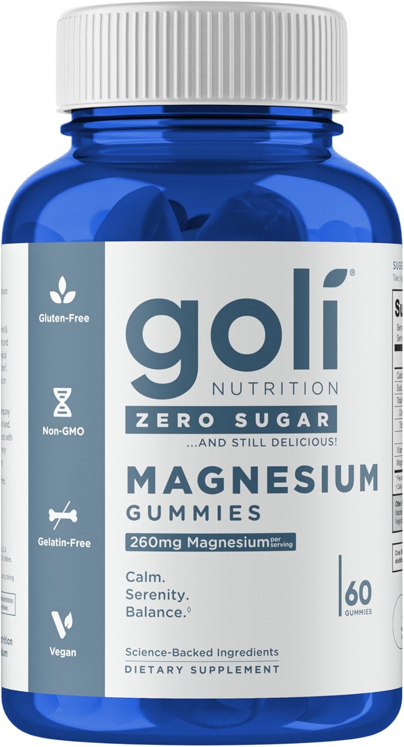 Zero Sugar Goli Magnesium Gummies - 260mg Magnesium, Vitamin D, No Artificial Sweeteners, No Sugar Alcohols. Gelatin-Free, Gluten-Free, Vegan & Non-GMO