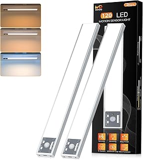 Under Cabinet Lights, 120 LED Motion Sensor Lights Indoor, 2200mAh Rechargeable Battery Closet Lights, 3 Color Temperature Under Counter Lighting for Kitchen, Stair and Hallway (2Pack,12inch)