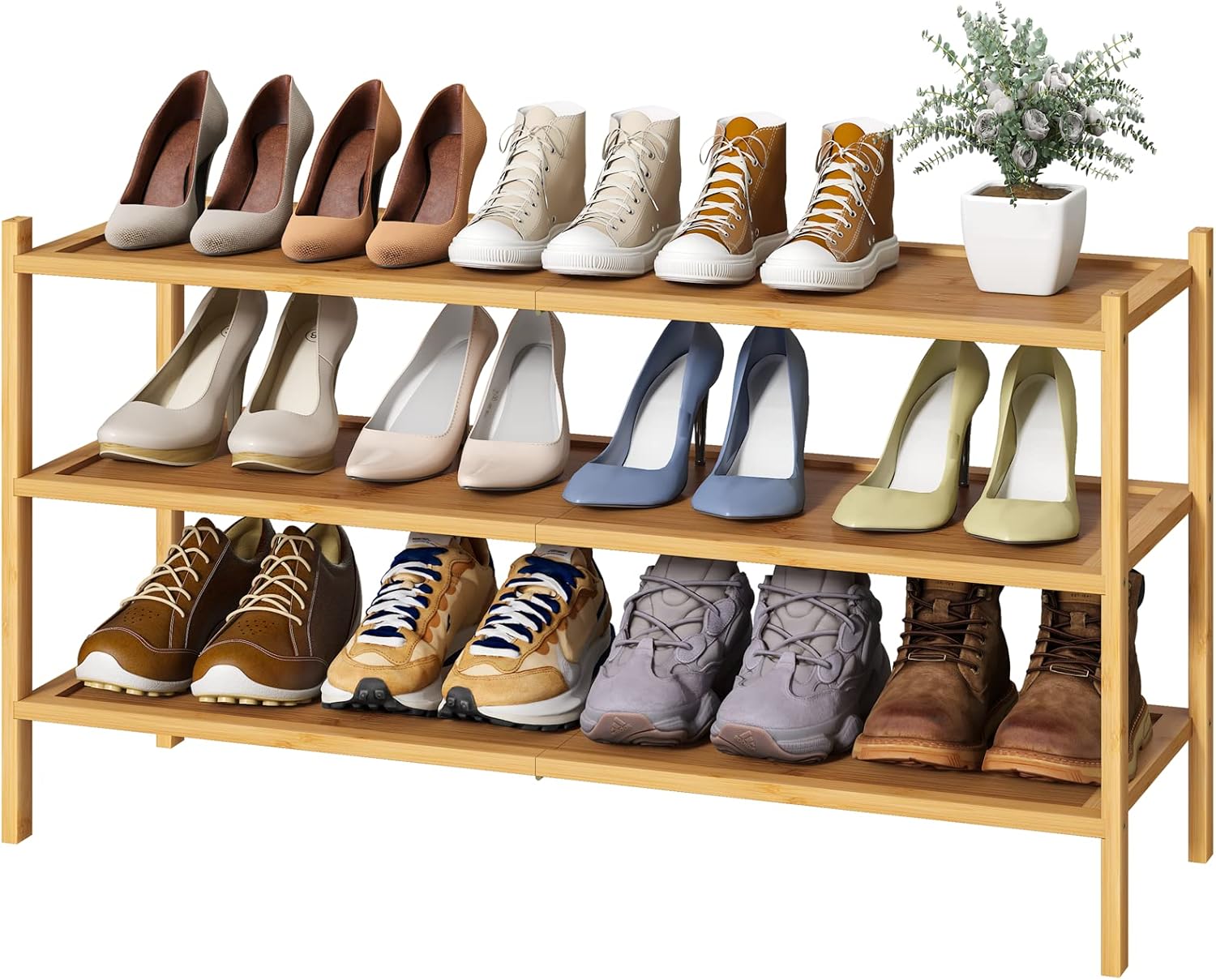 Long Shoe Rack, Bamboo Wood 3-Tier Shoe Rack for Entryway, Stackable | Foldable | Natural, Shoe Organizer for Hallway Closet, Free Standing Shoe Racks for Indoor Outdoor