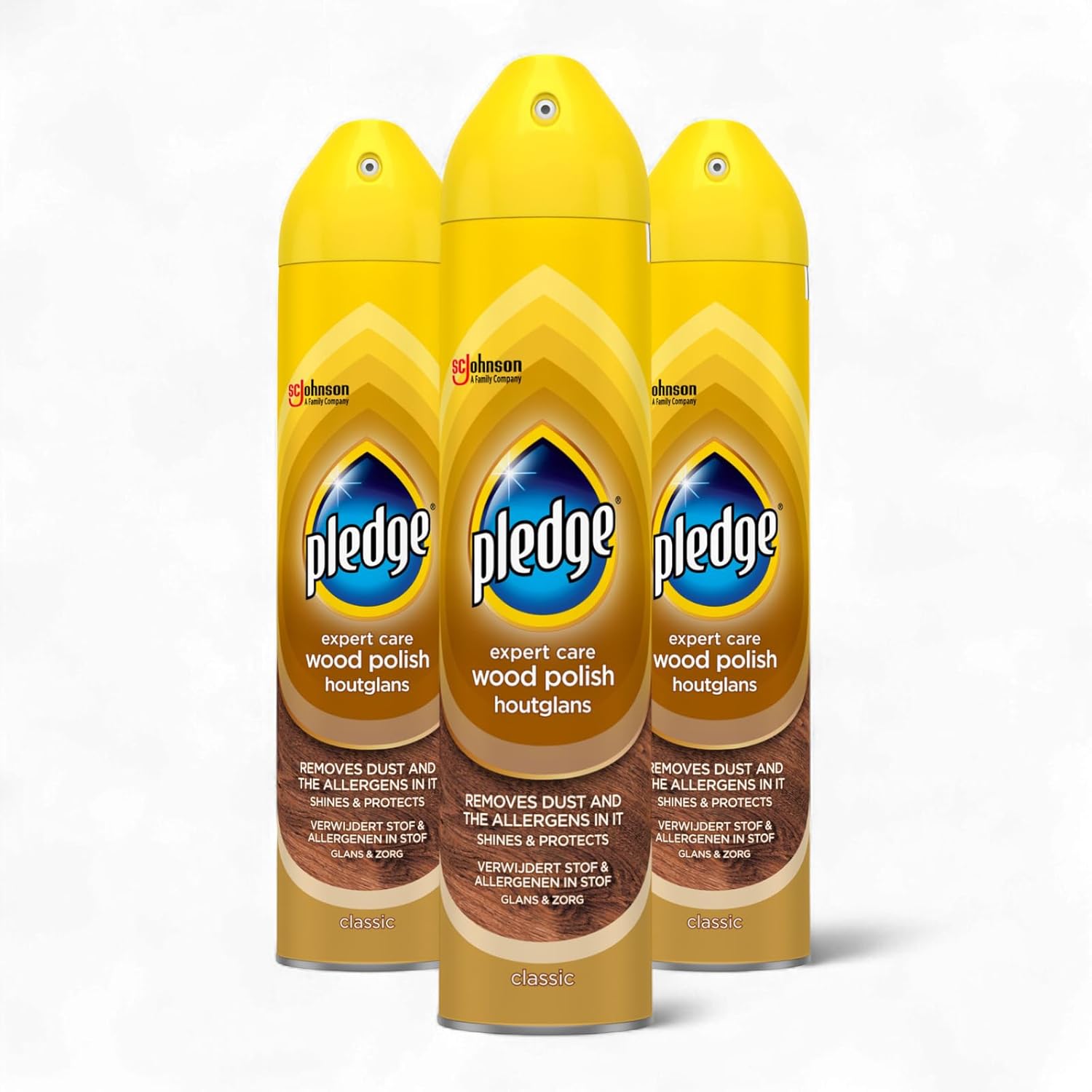Pledge WOOD Polish CLASSIC 250ml (3-Pack Bundle) – Expert Care Aerosol Spray for Wood Surfaces, Shines, Protects & Removes Dust